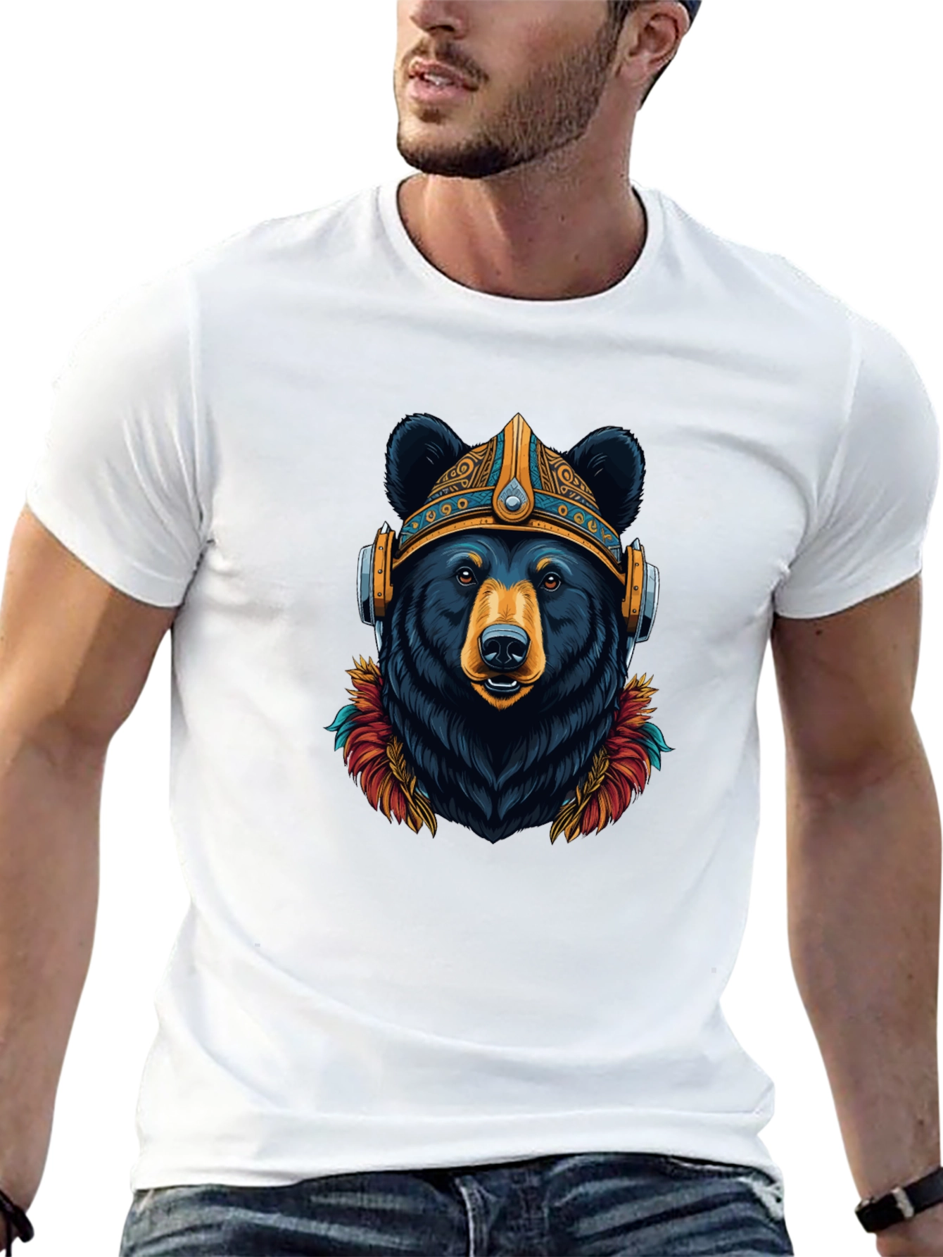 Bear Viking Helmet Headphones Graphic Tee