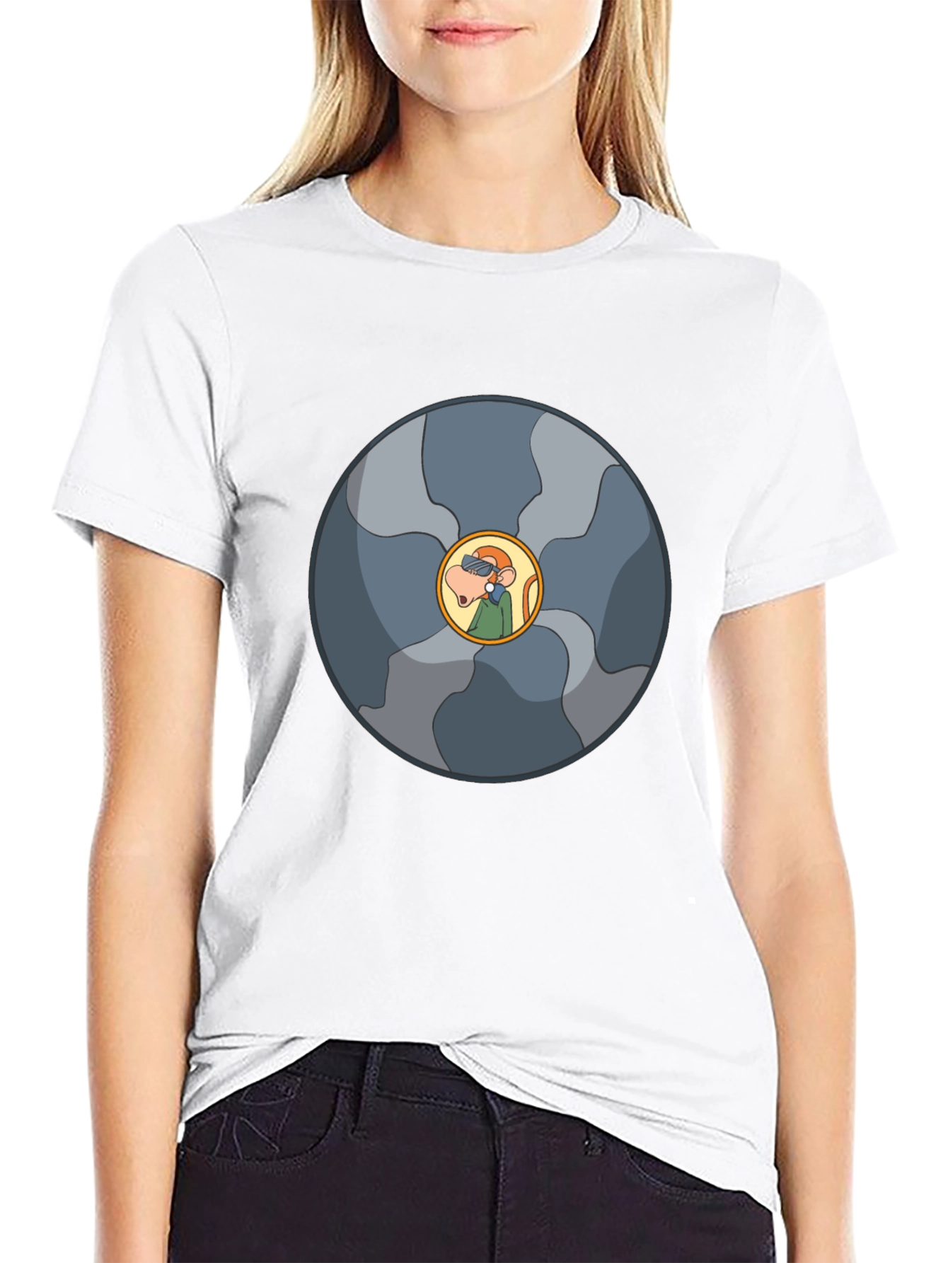Abstract Cartoon Circle Design Black T-Shirt