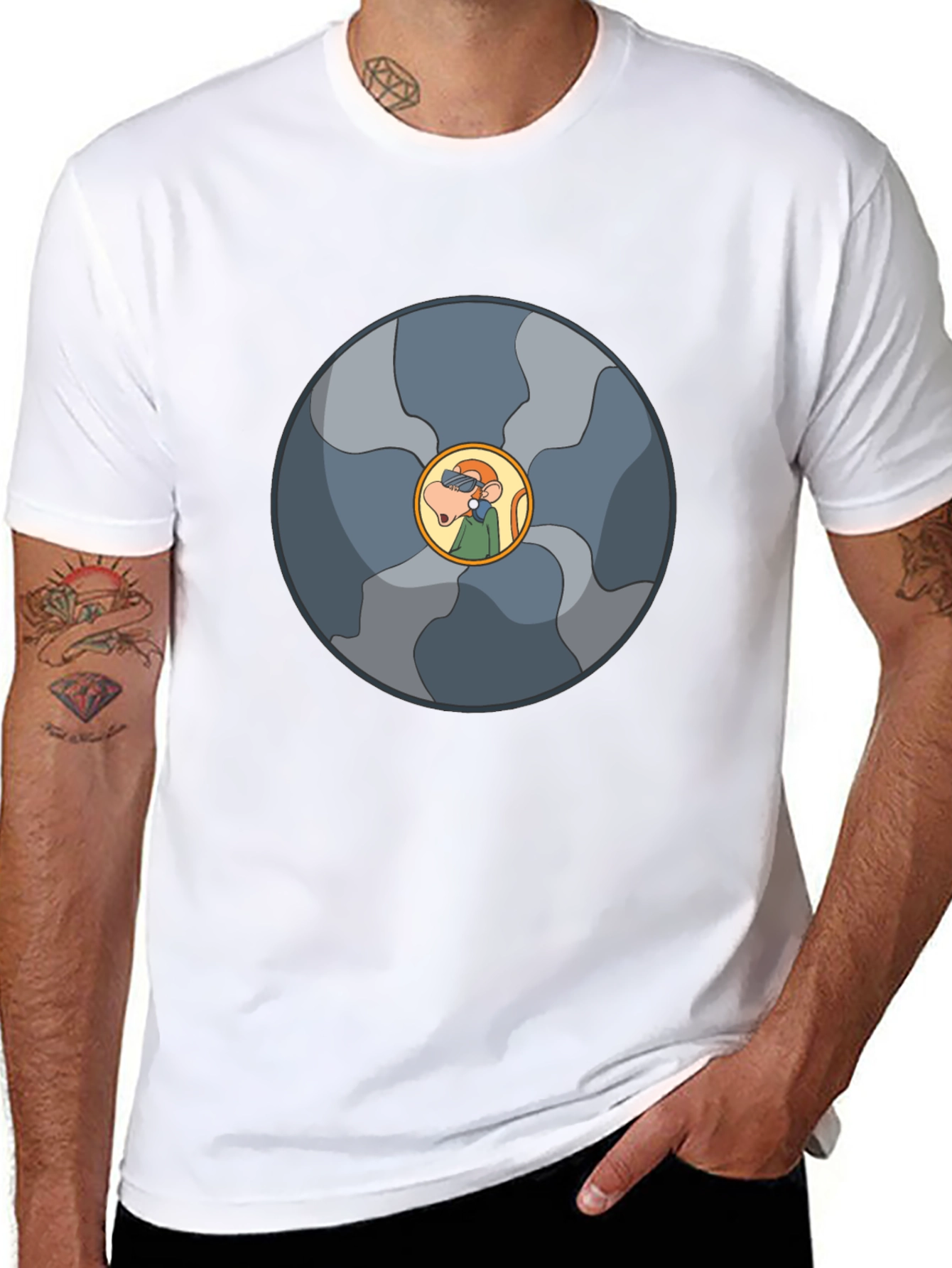 Abstract Cartoon Circle Design Black T-Shirt