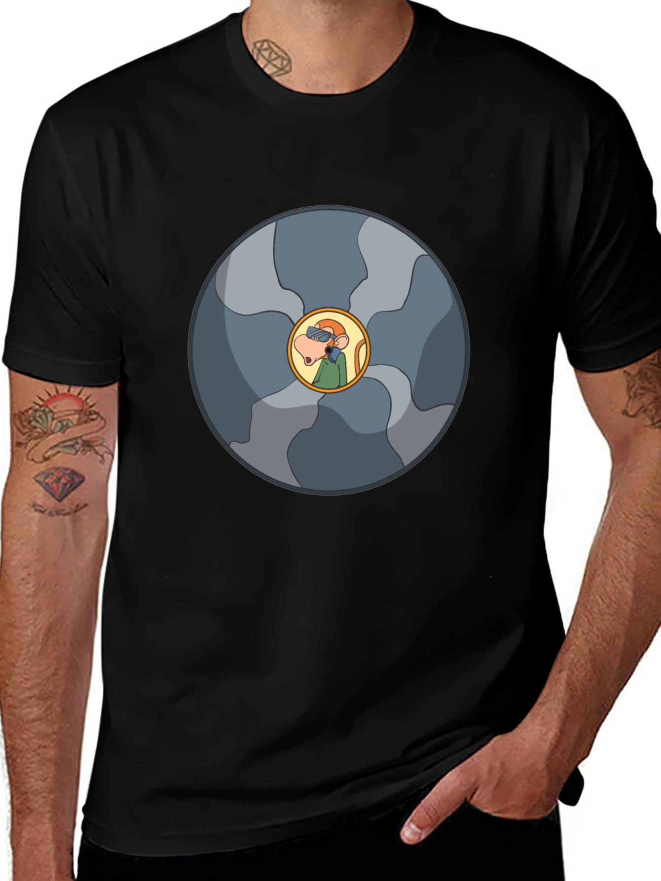 Abstract Cartoon Circle Design Black T-Shirt
