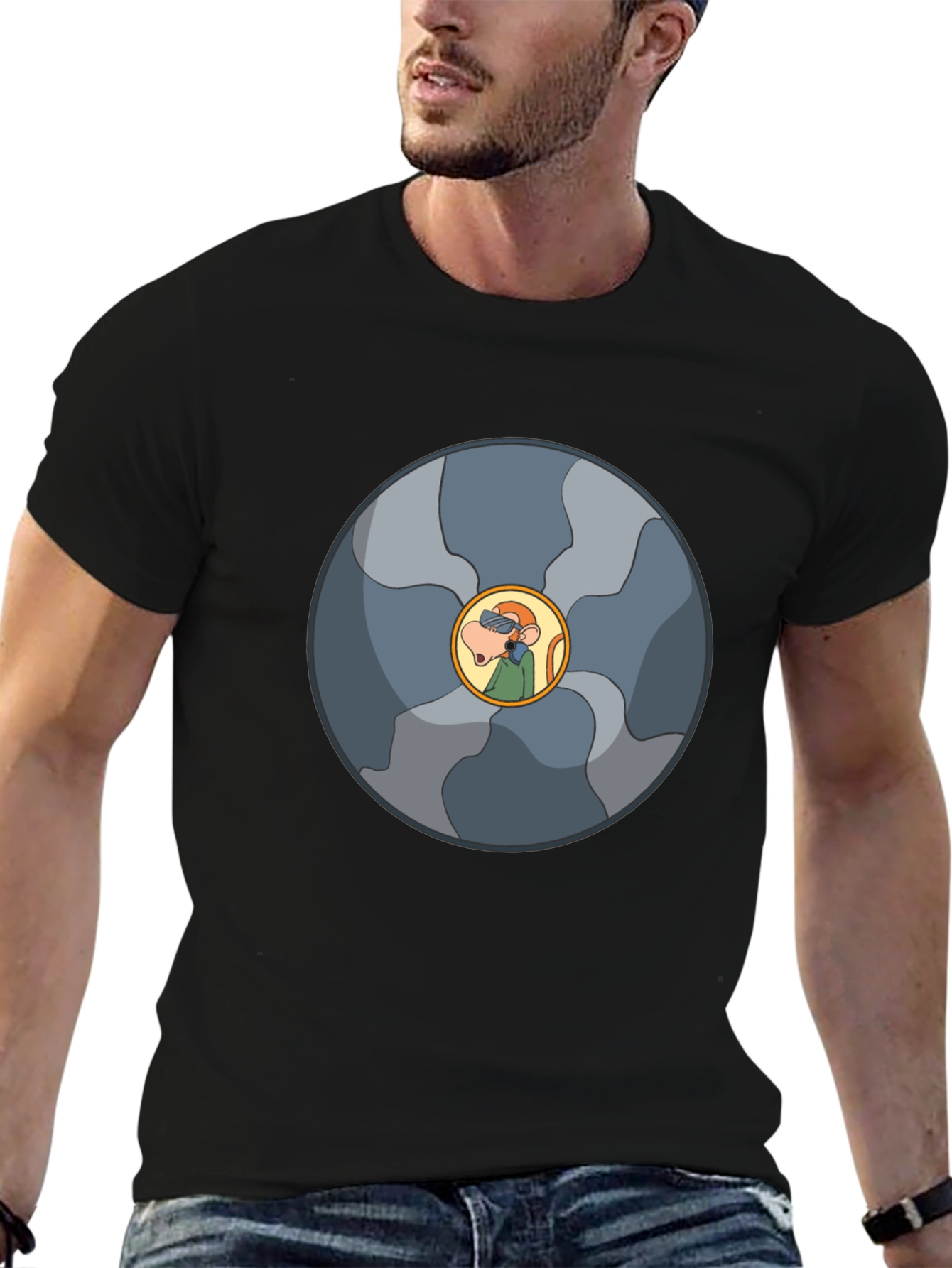 Abstract Cartoon Circle Design Black T-Shirt
