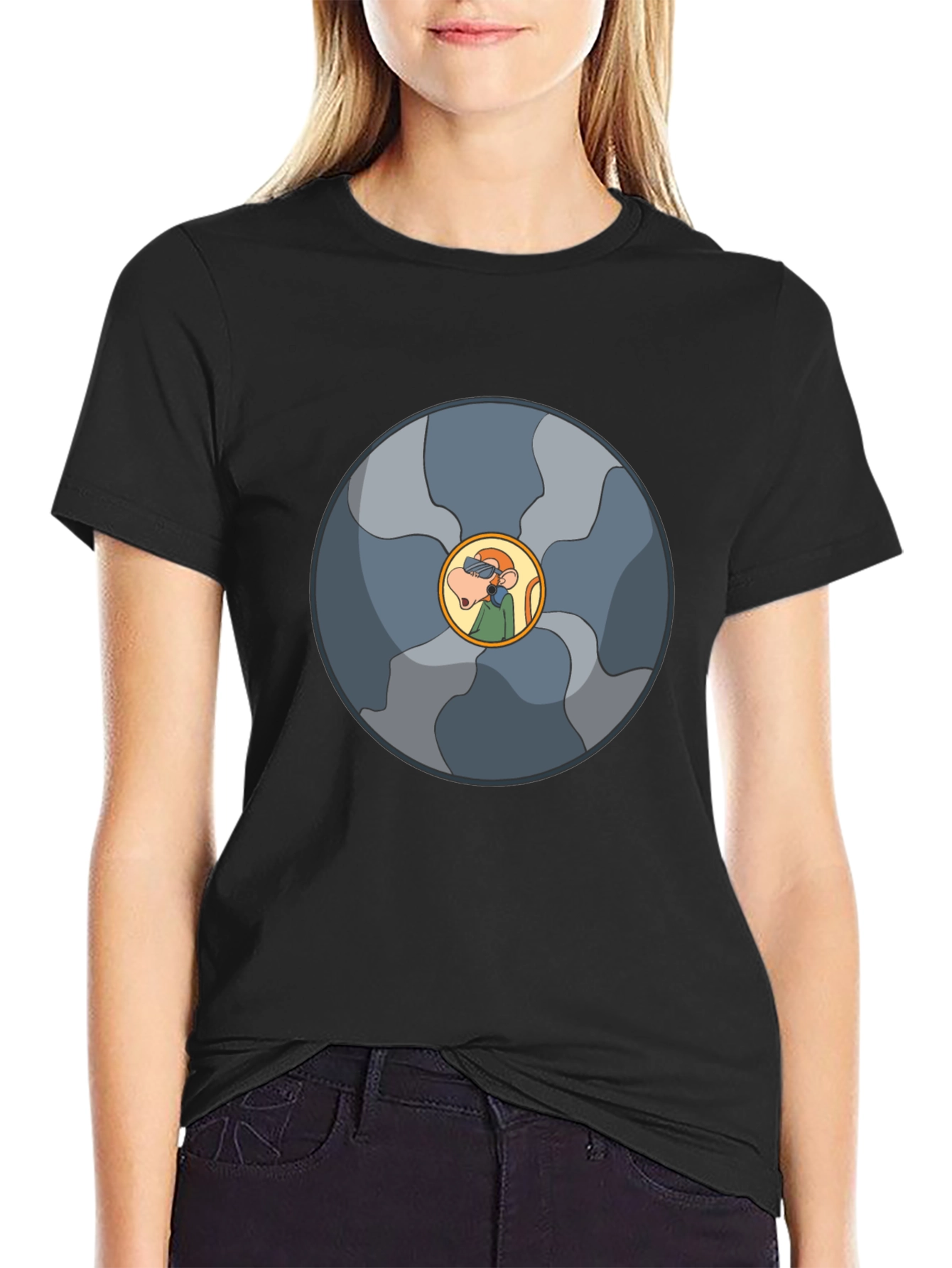 Abstract Cartoon Circle Design Black T-Shirt