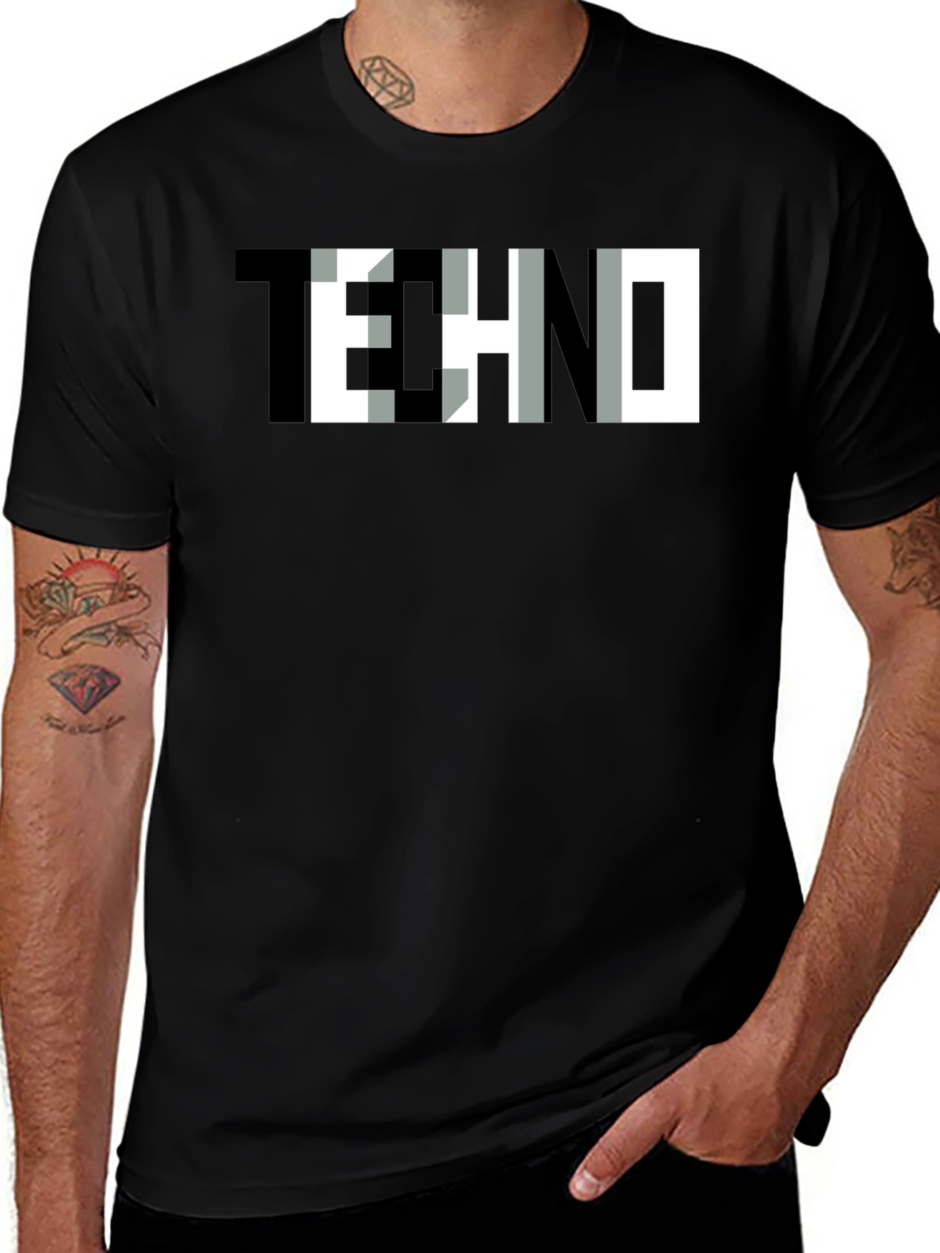 Trendy TECHNO Graphic Print Black T-Shirt