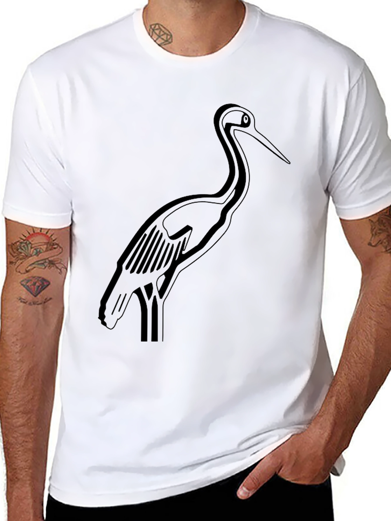 Black Crane Graphic Tee - Stylish Bird Design