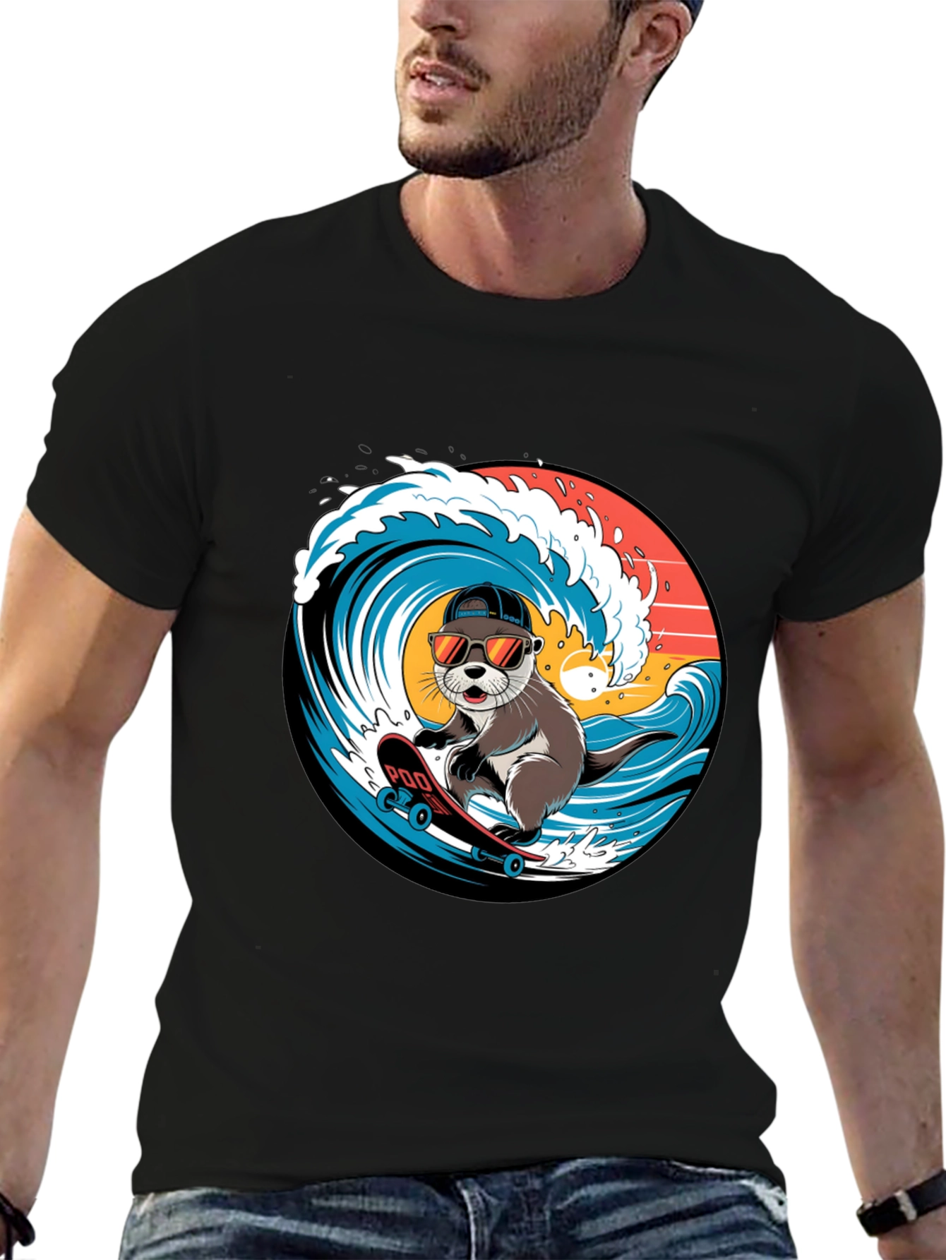 Cool Otter Skateboarder Graphic Tee