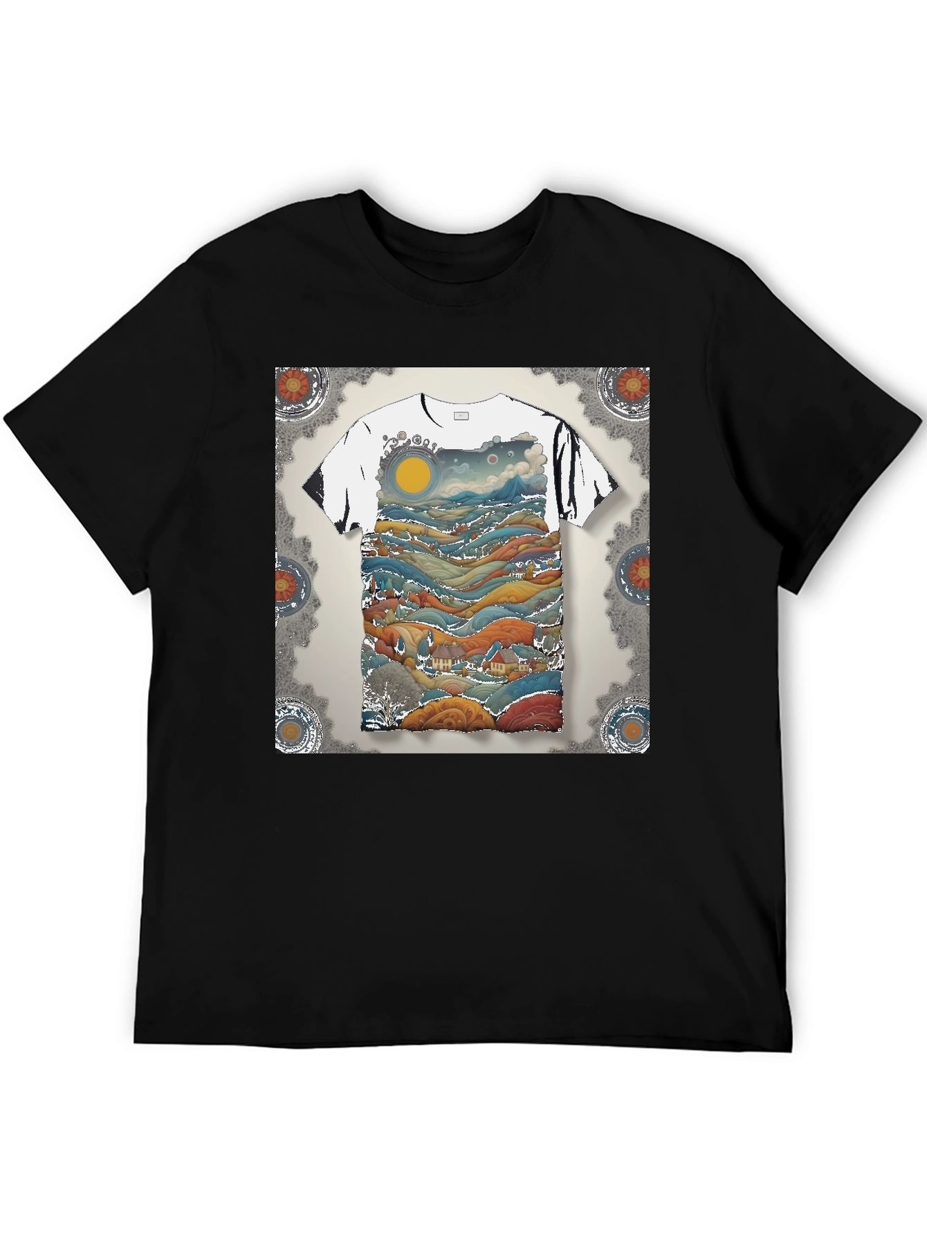 Artistic Landscape Print Black T-Shirt