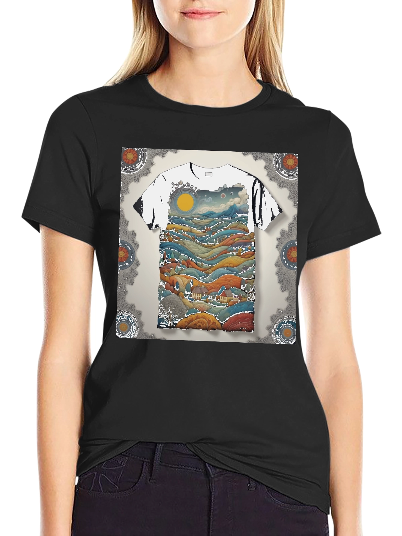 Artistic Landscape Print Black T-Shirt