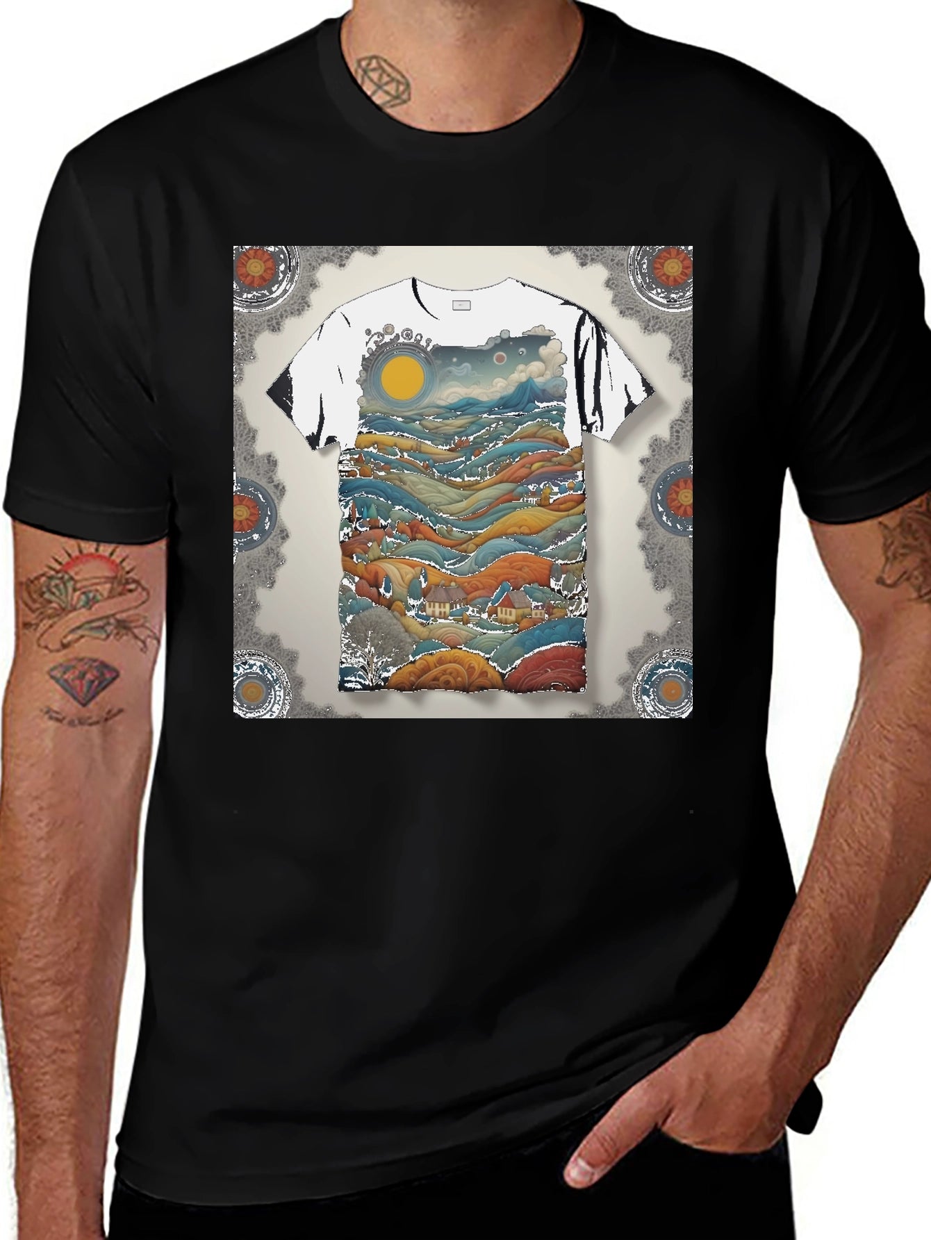 Artistic Landscape Print Black T-Shirt