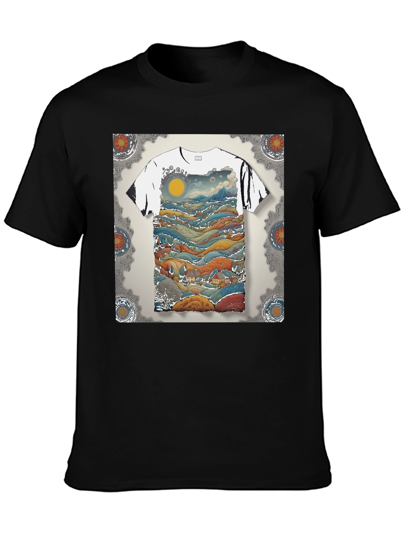 Artistic Landscape Print Black T-Shirt
