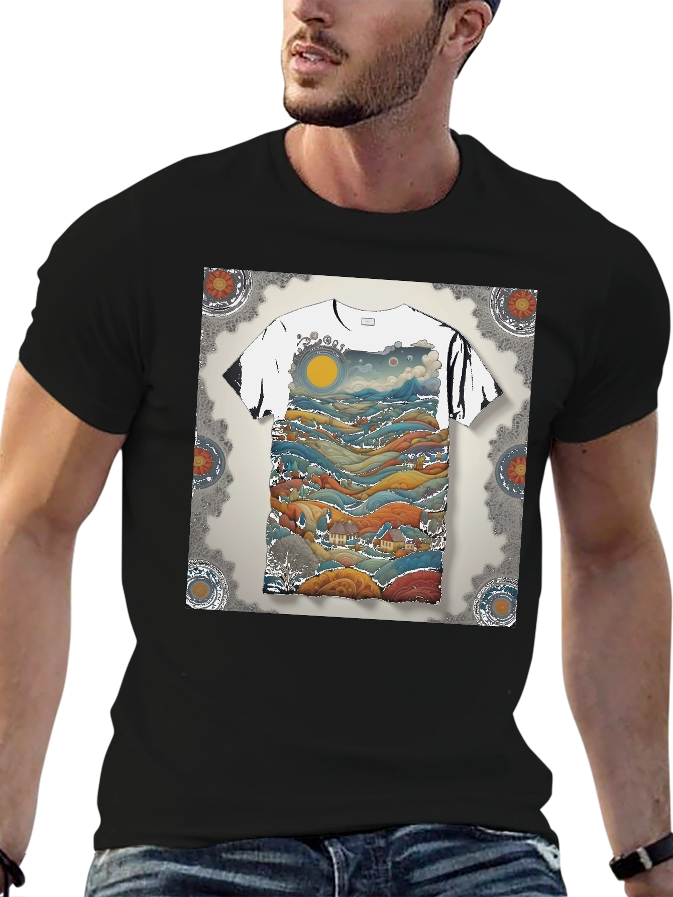 Artistic Landscape Print Black T-Shirt