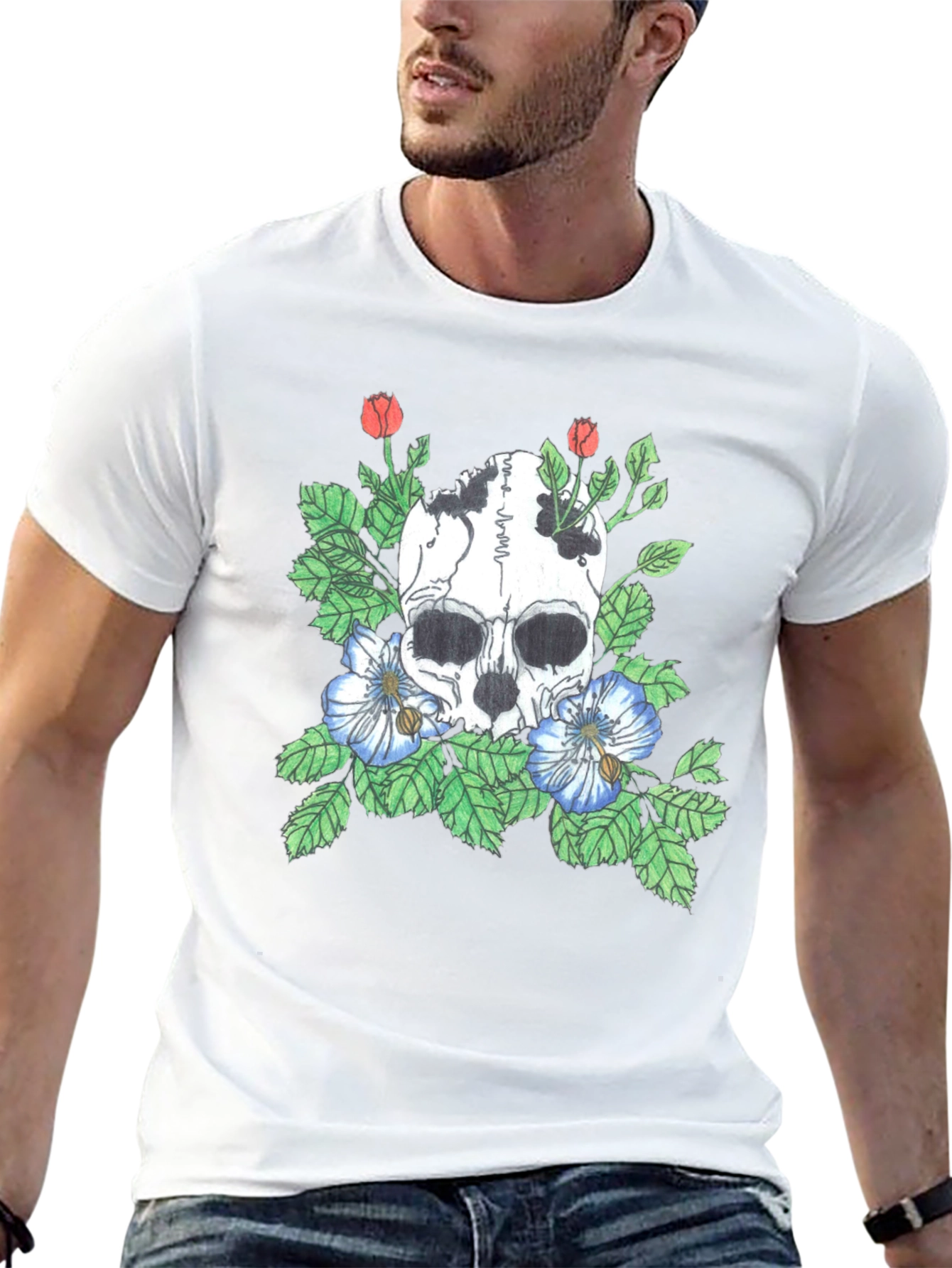 Skull and Flowers Graphic Tee - Black