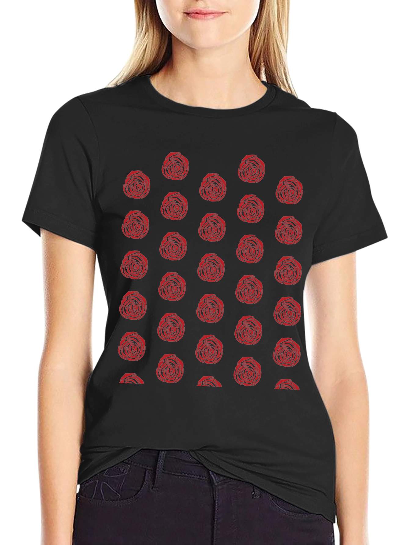 Red Rose Pattern Black T-Shirt