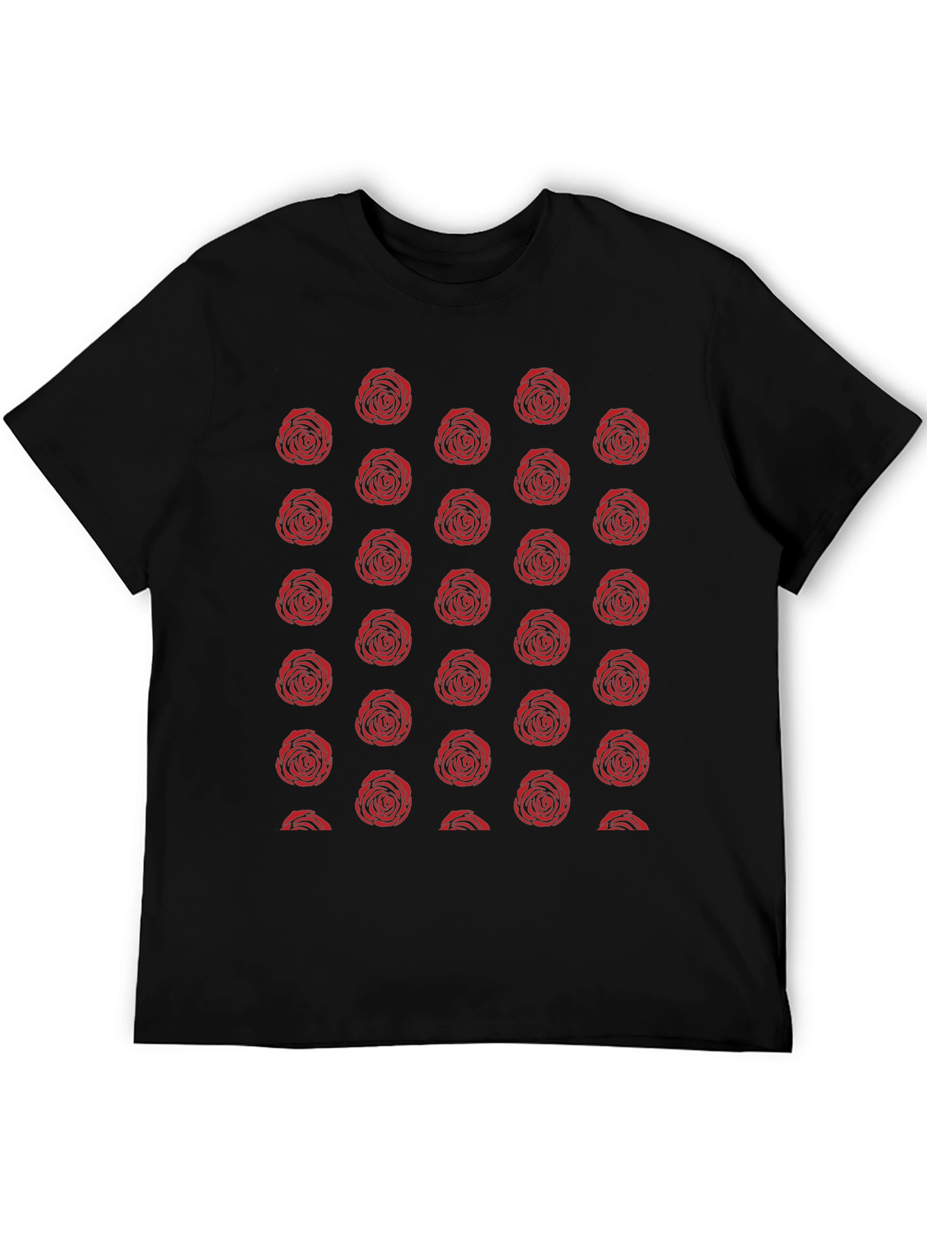 Red Rose Pattern Black T-Shirt