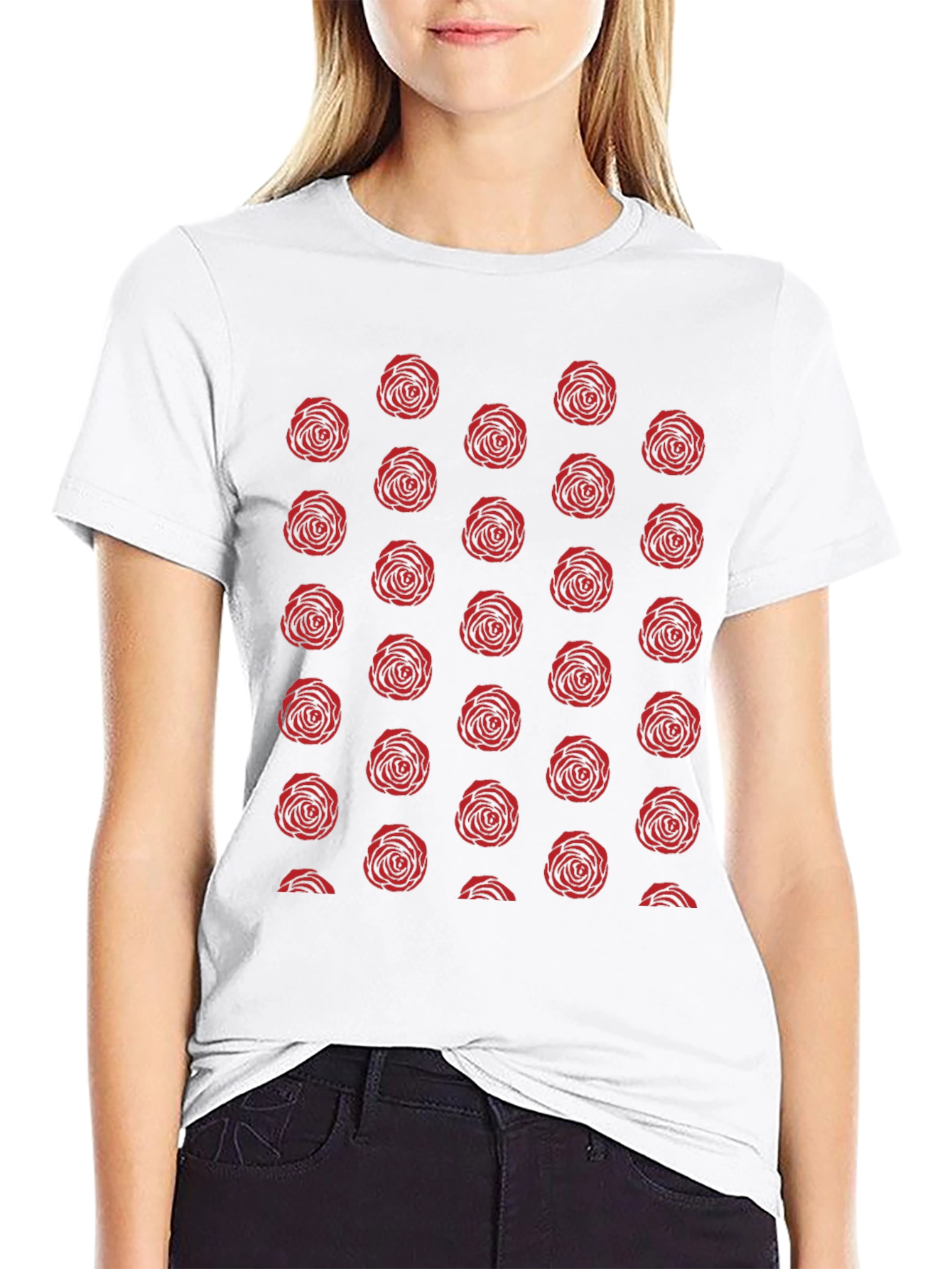 Red Rose Pattern Black T-Shirt