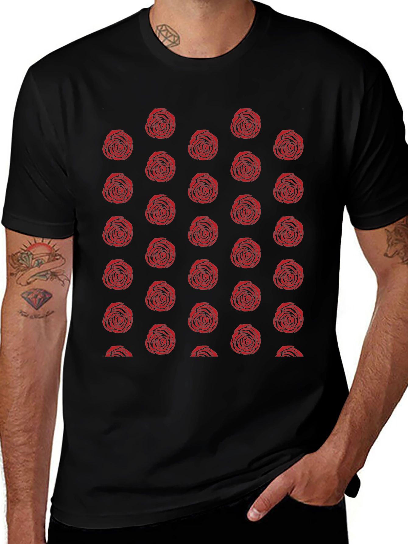 Red Rose Pattern Black T-Shirt
