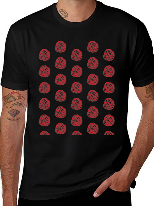 Red Rose Pattern Black T-Shirt