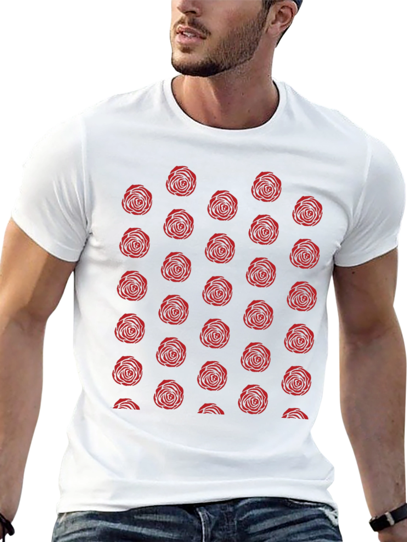 Red Rose Pattern Black T-Shirt