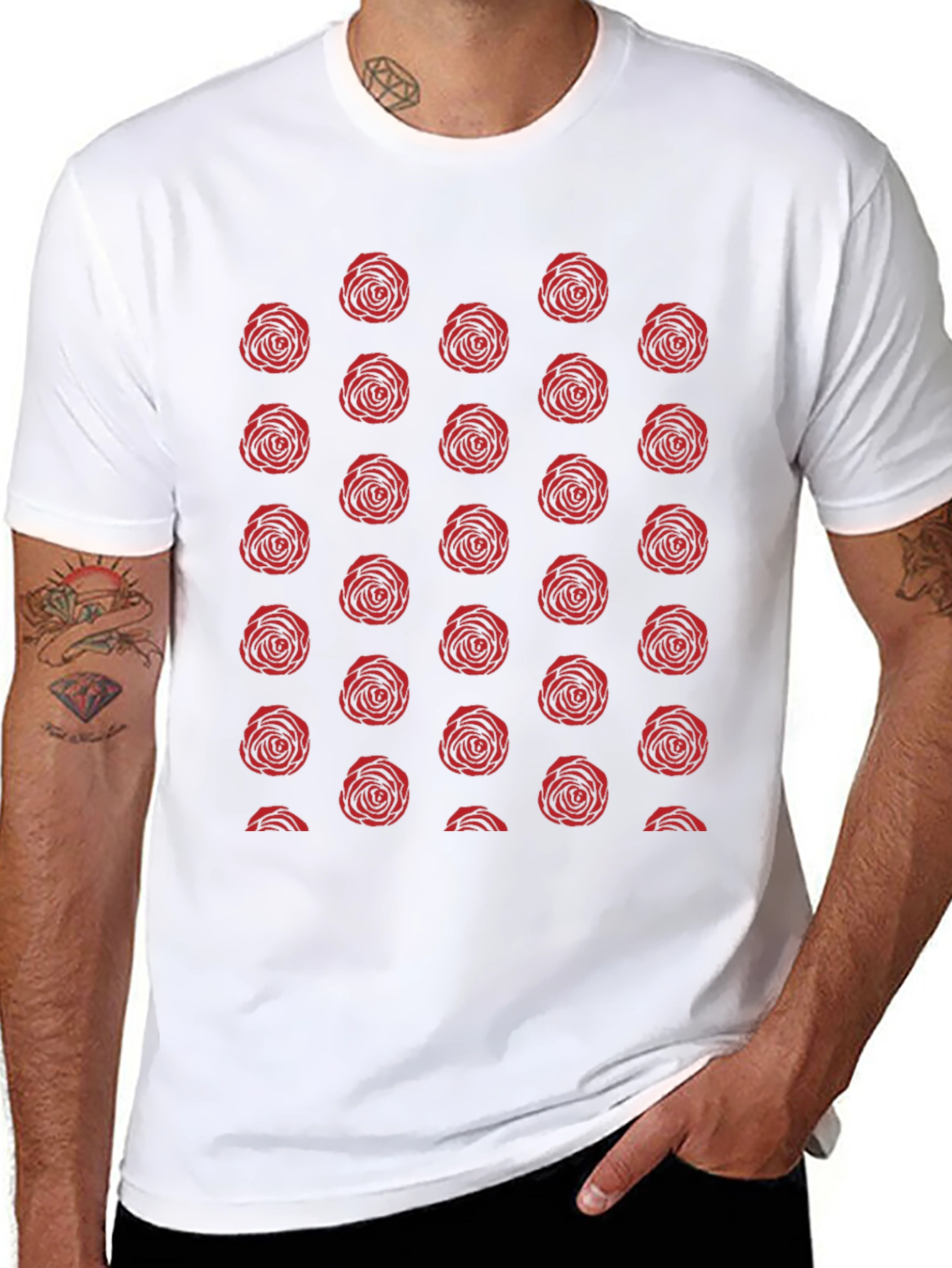 Red Rose Pattern Black T-Shirt