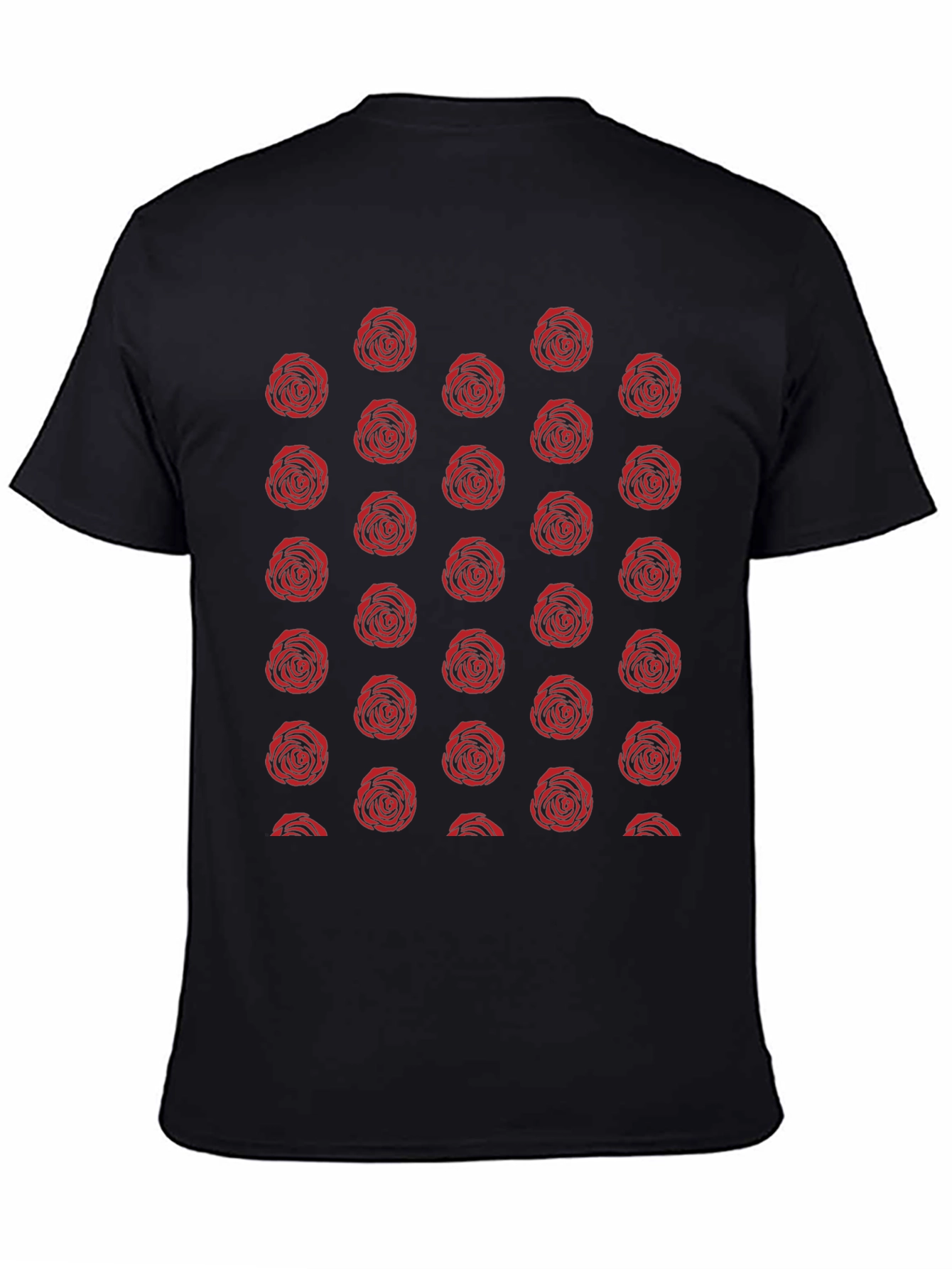 Red Rose Pattern Black T-Shirt