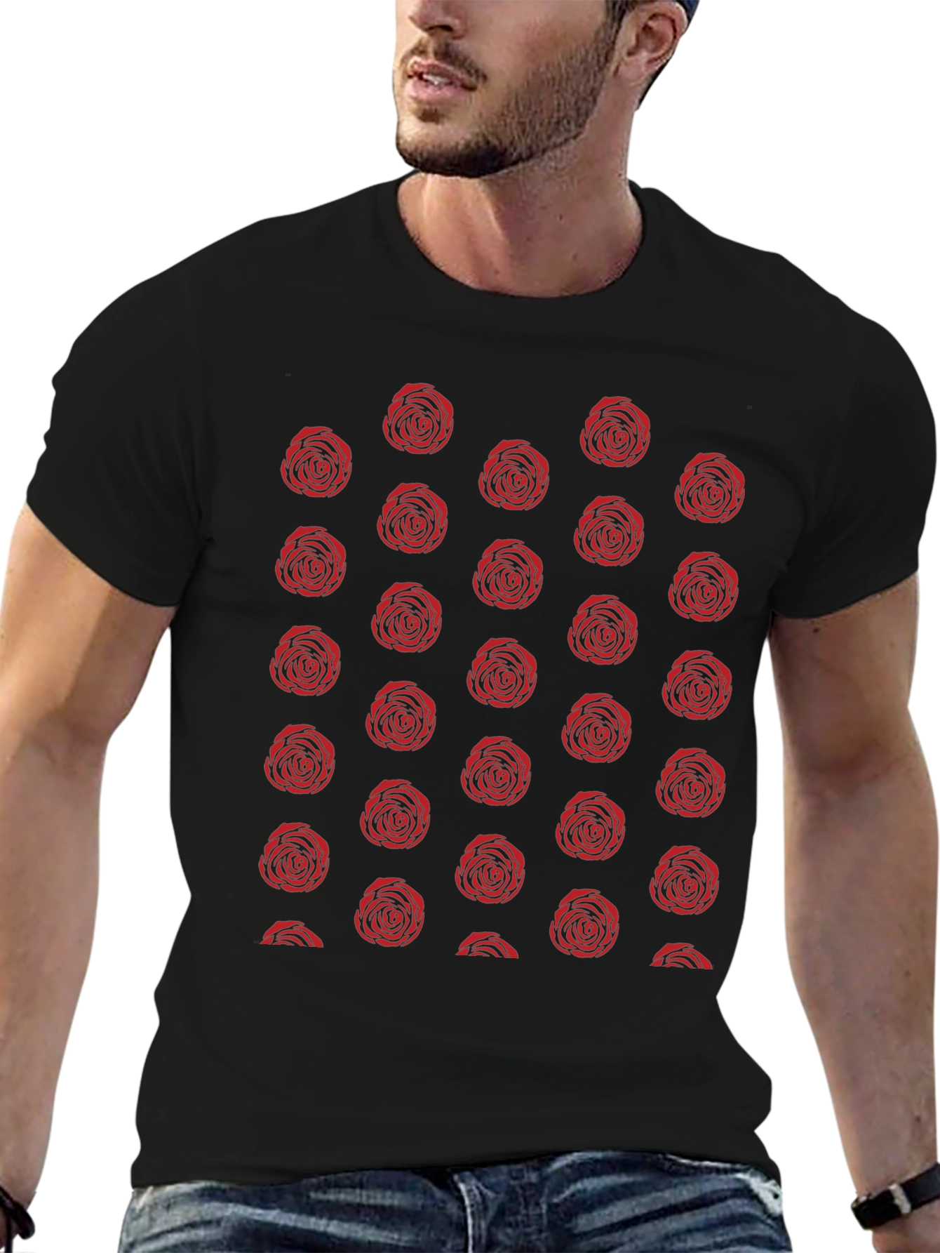Red Rose Pattern Black T-Shirt
