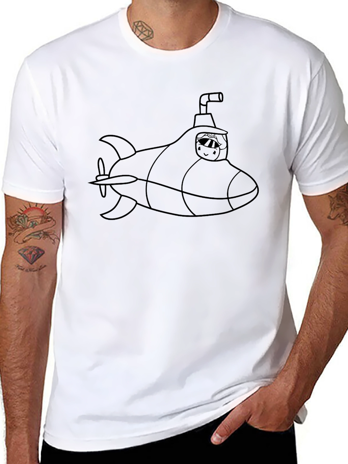 Submarine Cartoon Graphic Tee - Black