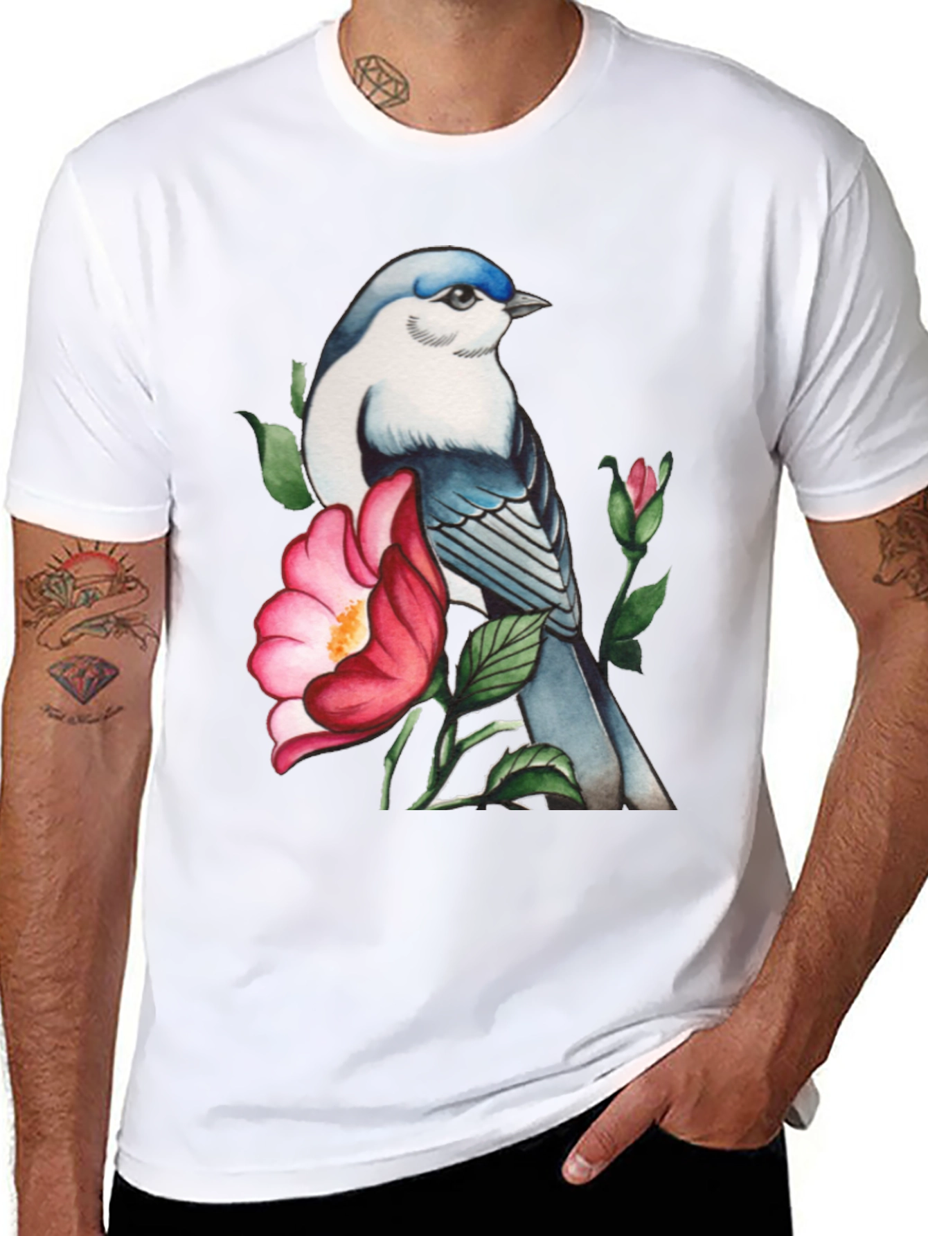 Bird and Blossom Graphic Tee - Stylish Nature Design