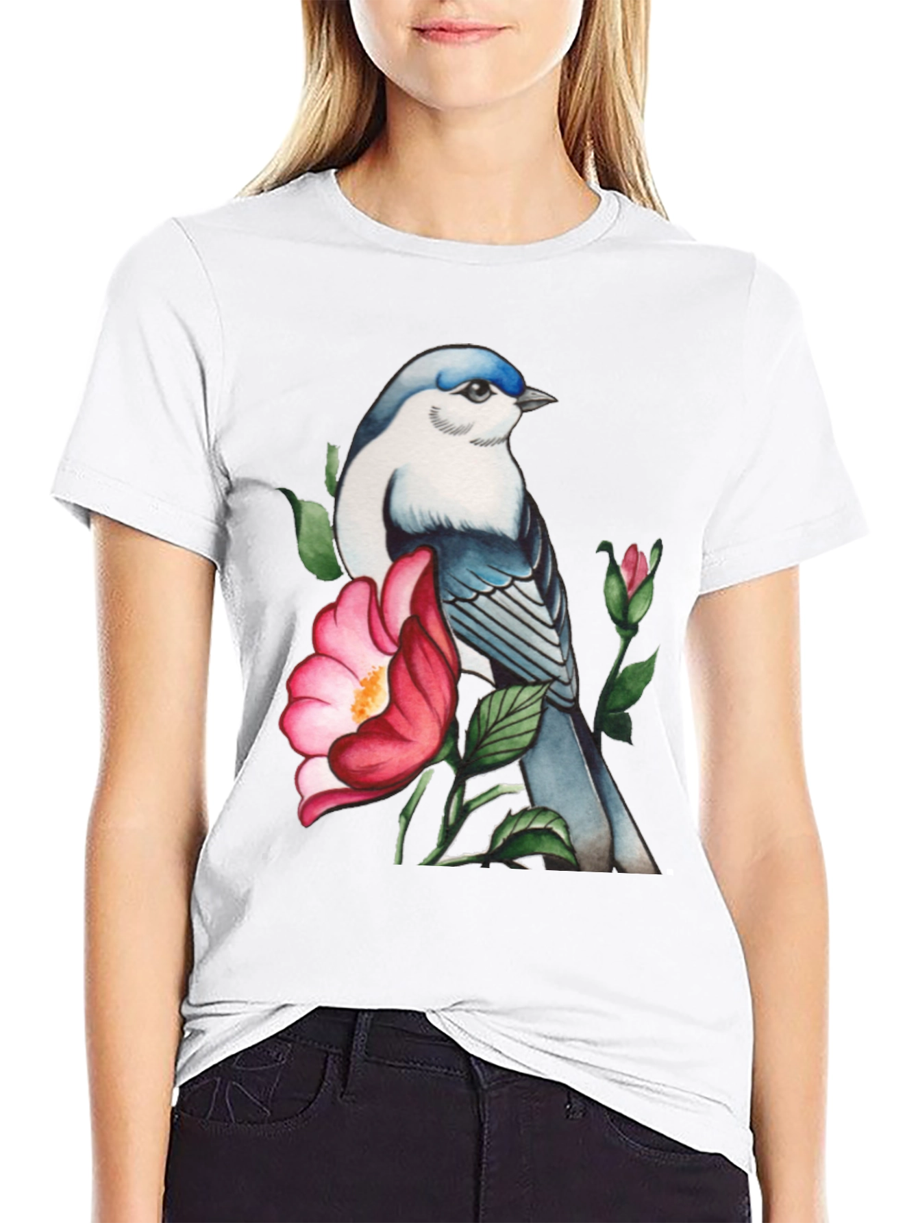 Bird and Blossom Graphic Tee - Stylish Nature Design