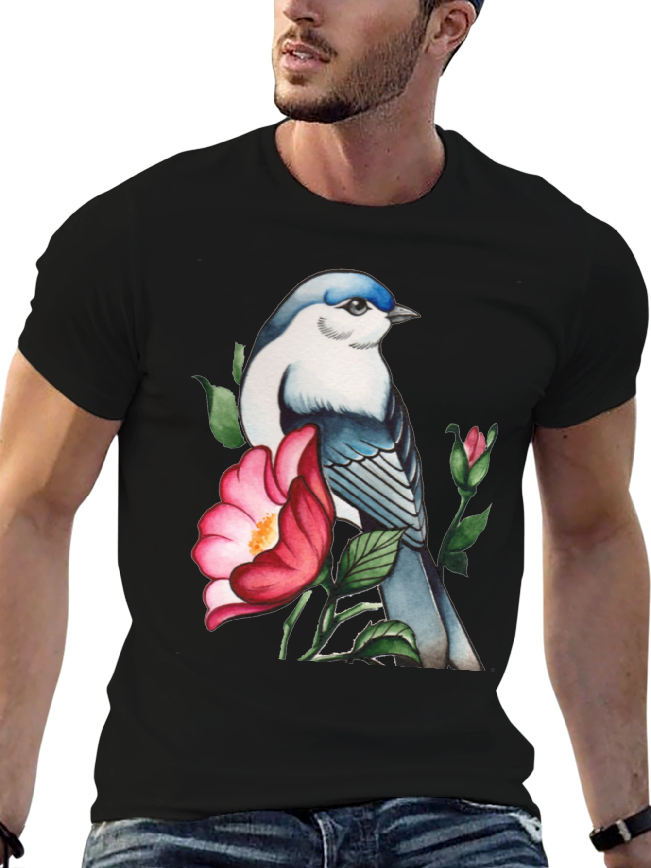 Bird and Blossom Graphic Tee - Stylish Nature Design
