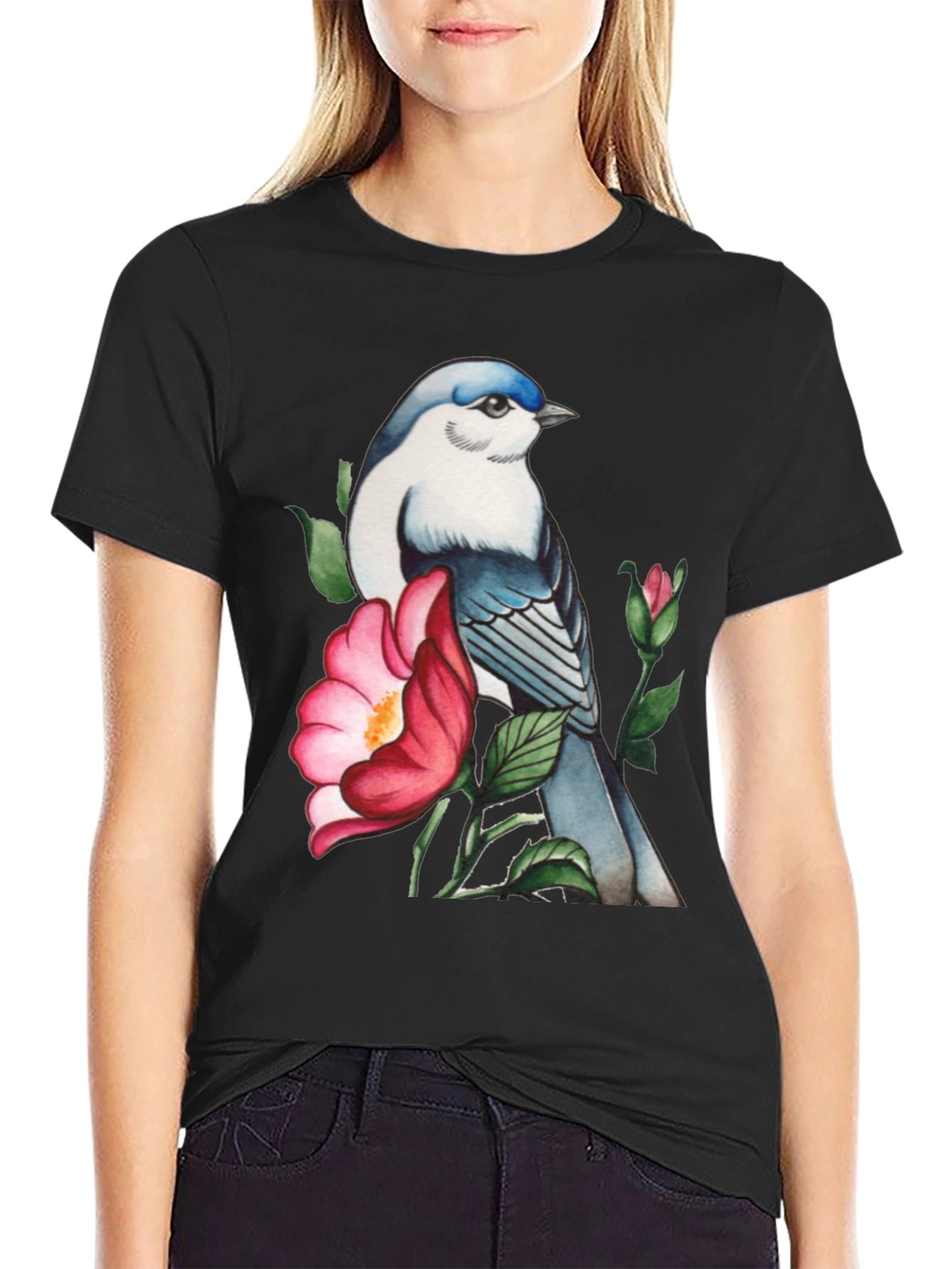 Bird and Blossom Graphic Tee - Stylish Nature Design
