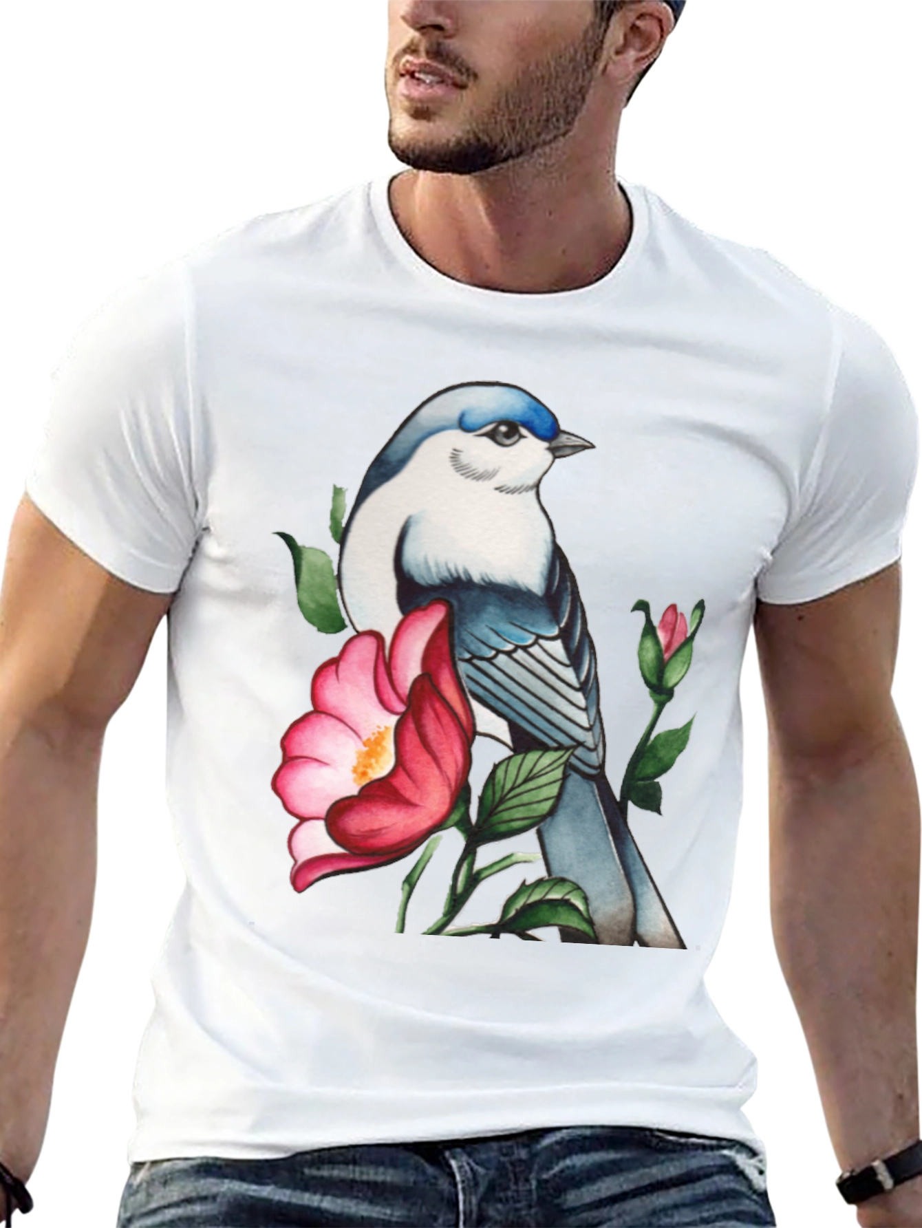 Bird and Blossom Graphic Tee - Stylish Nature Design