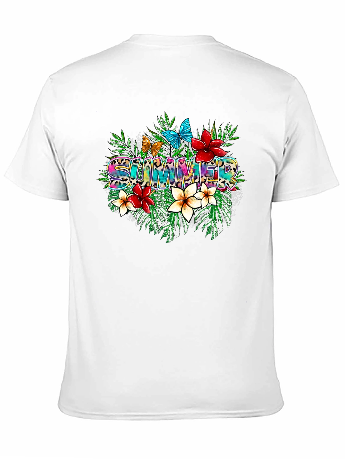 Tropical Summer T-Shirt with Floral and Butterfly Design