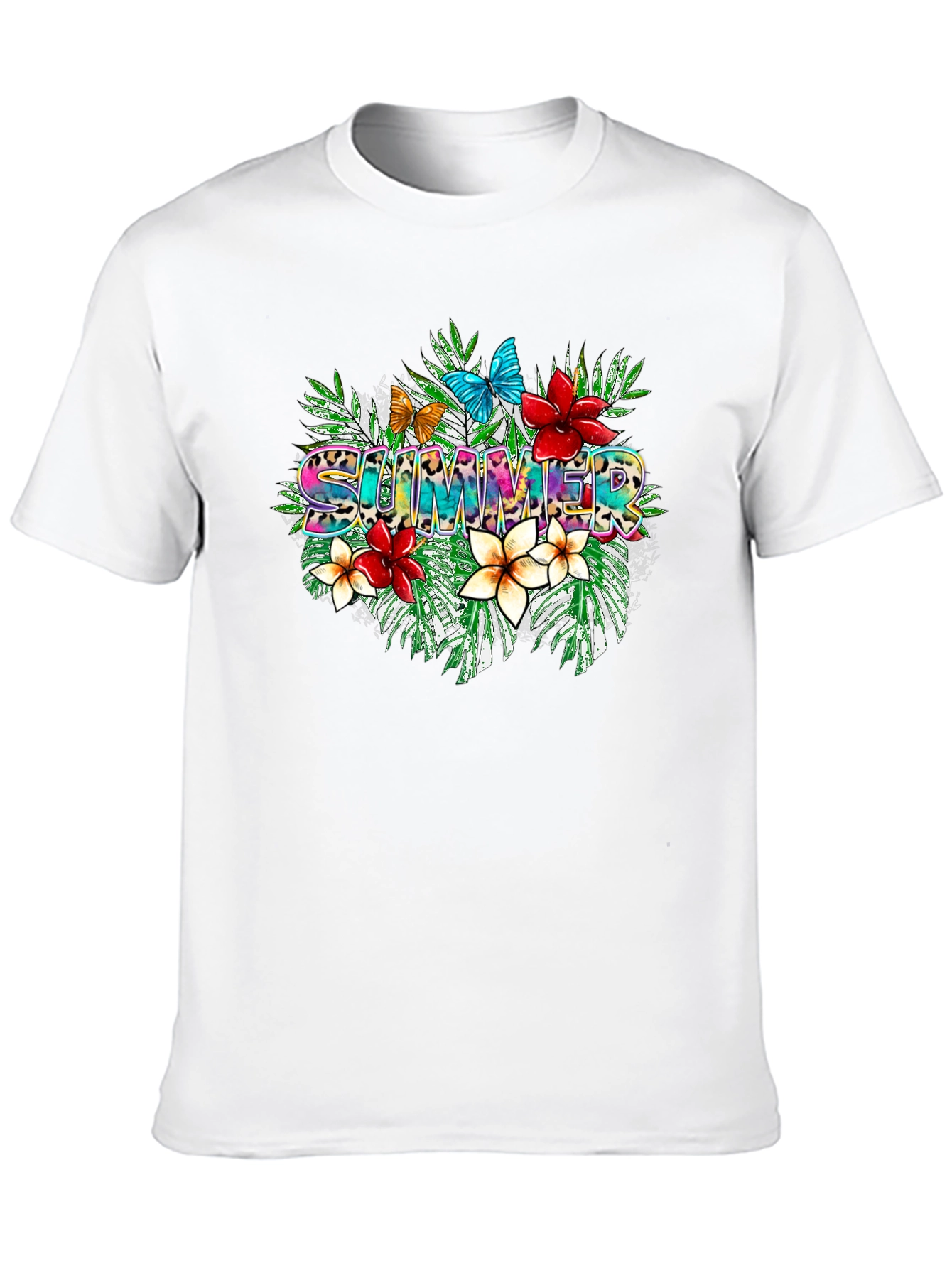 Tropical Summer T-Shirt with Floral and Butterfly Design