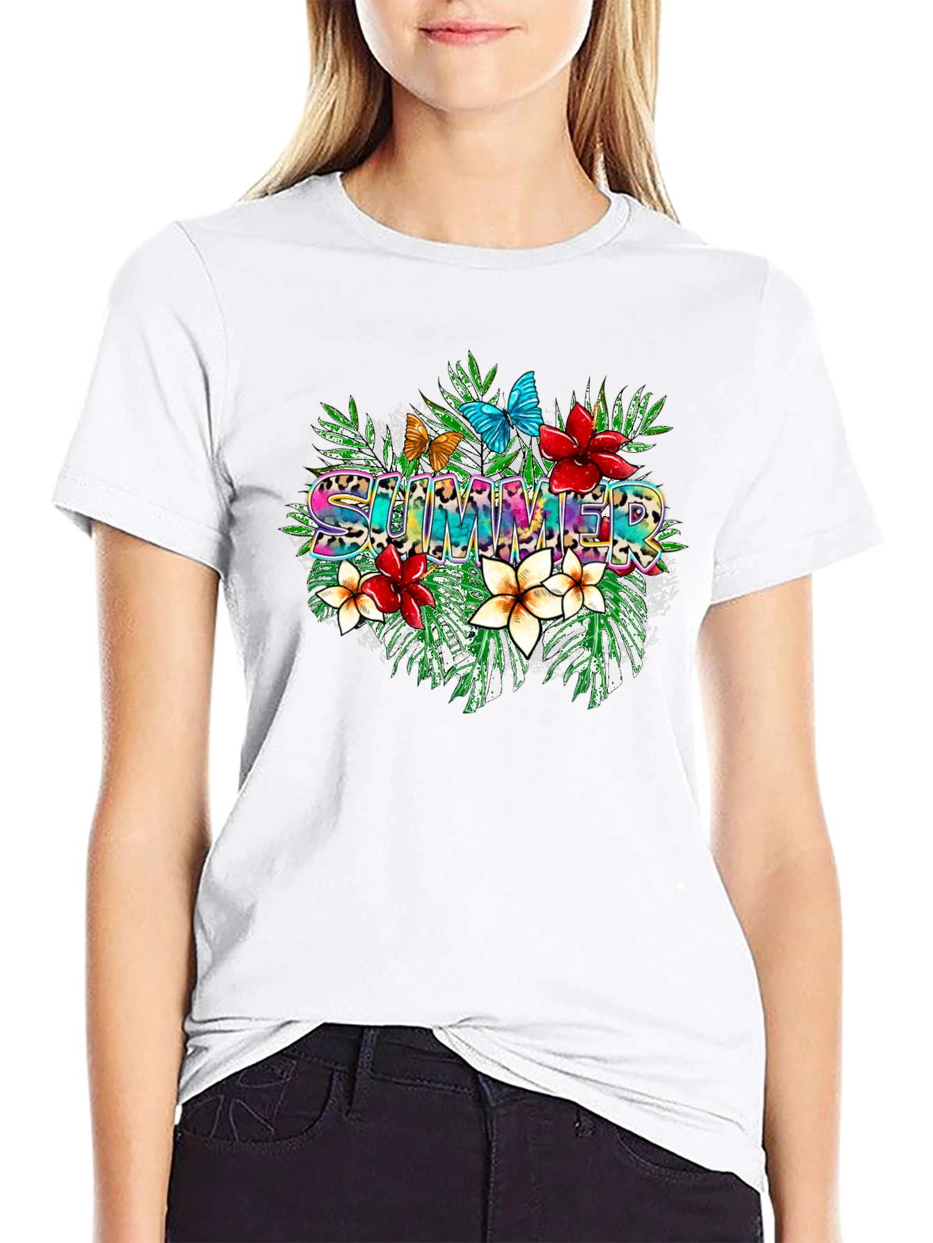 Tropical Summer T-Shirt with Floral and Butterfly Design