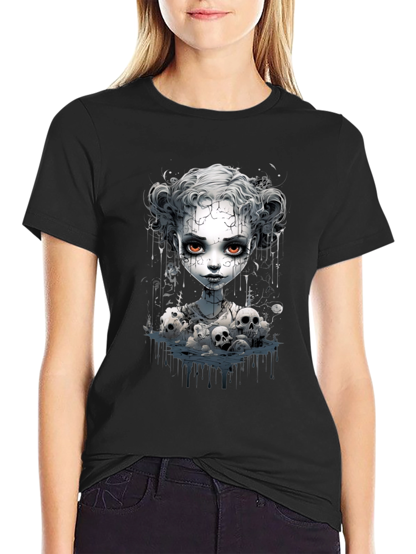 Creepy Doll Graphic Tee - Unisex Black T-Shirt