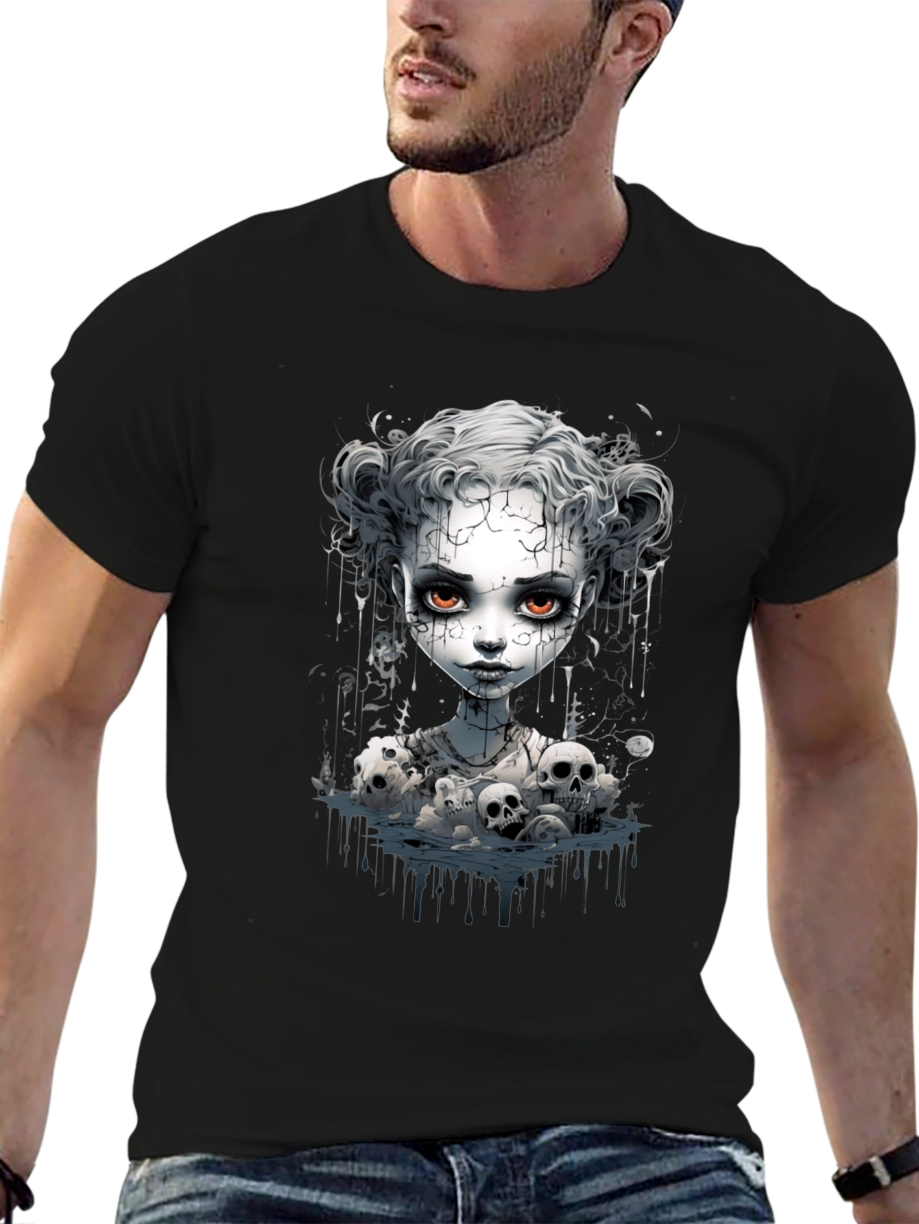 Creepy Doll Graphic Tee - Unisex Black T-Shirt