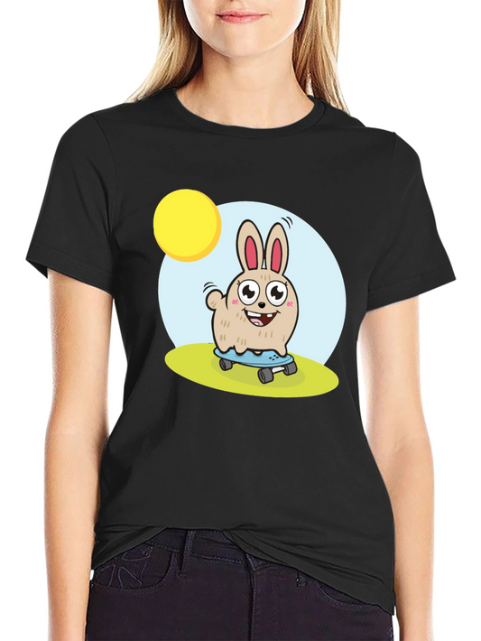 Skateboarding Bunny Graphic Tee - Black Cotton T-Shirt