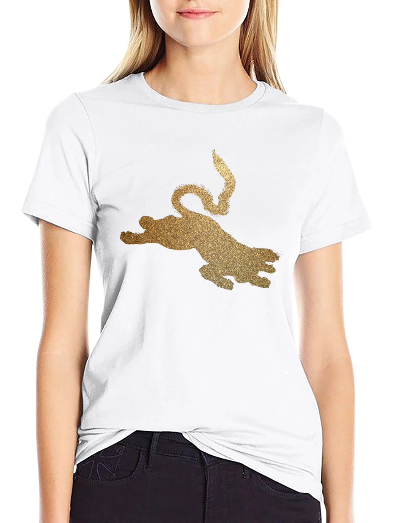 Black T-Shirt with Golden Glitter Leopard Graphic