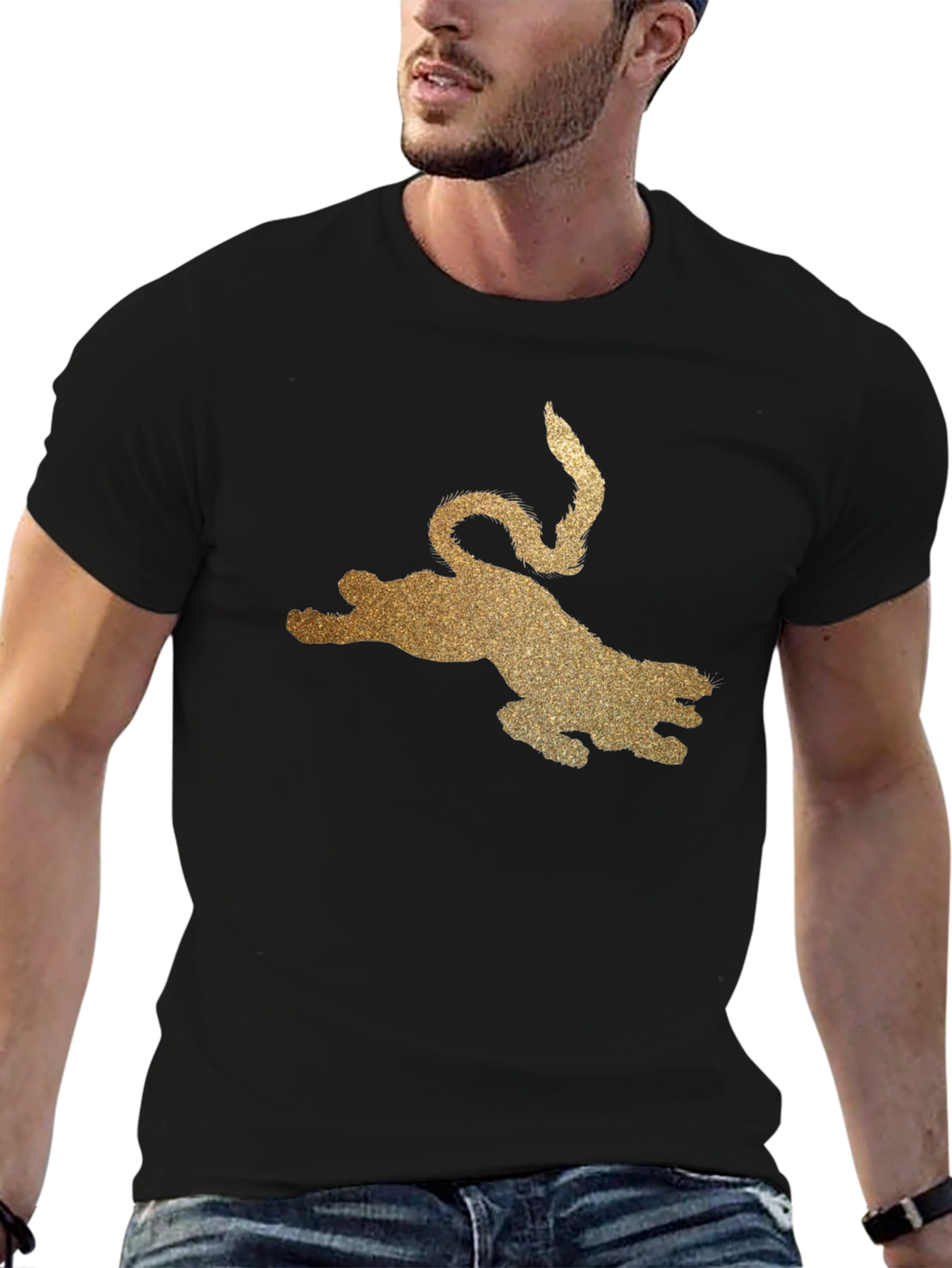 Black T-Shirt with Golden Glitter Leopard Graphic