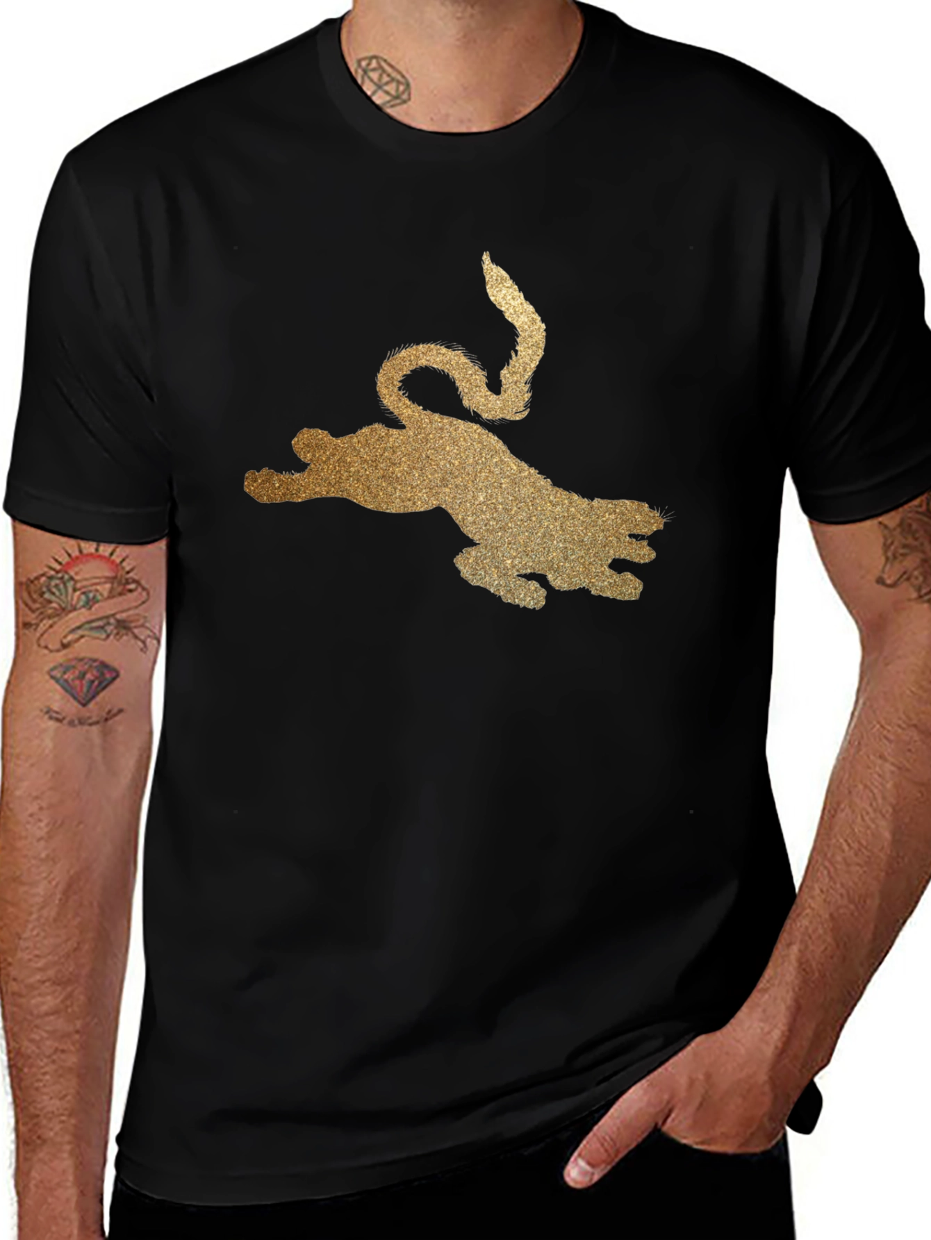 Black T-Shirt with Golden Glitter Leopard Graphic