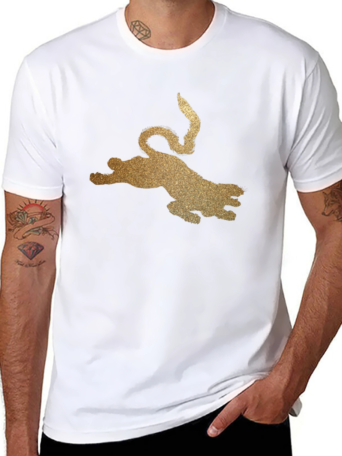 Black T-Shirt with Golden Glitter Leopard Graphic
