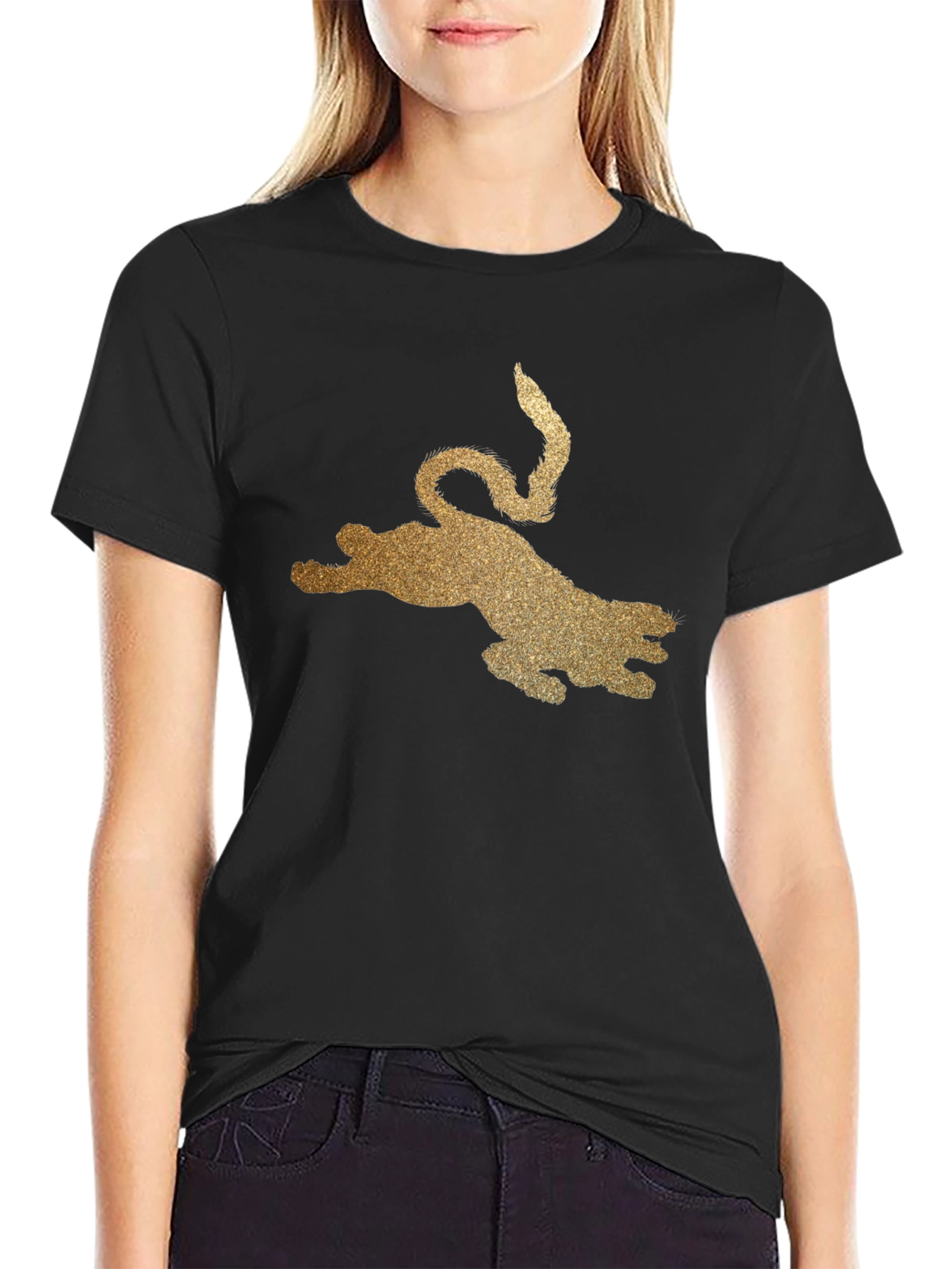Black T-Shirt with Golden Glitter Leopard Graphic
