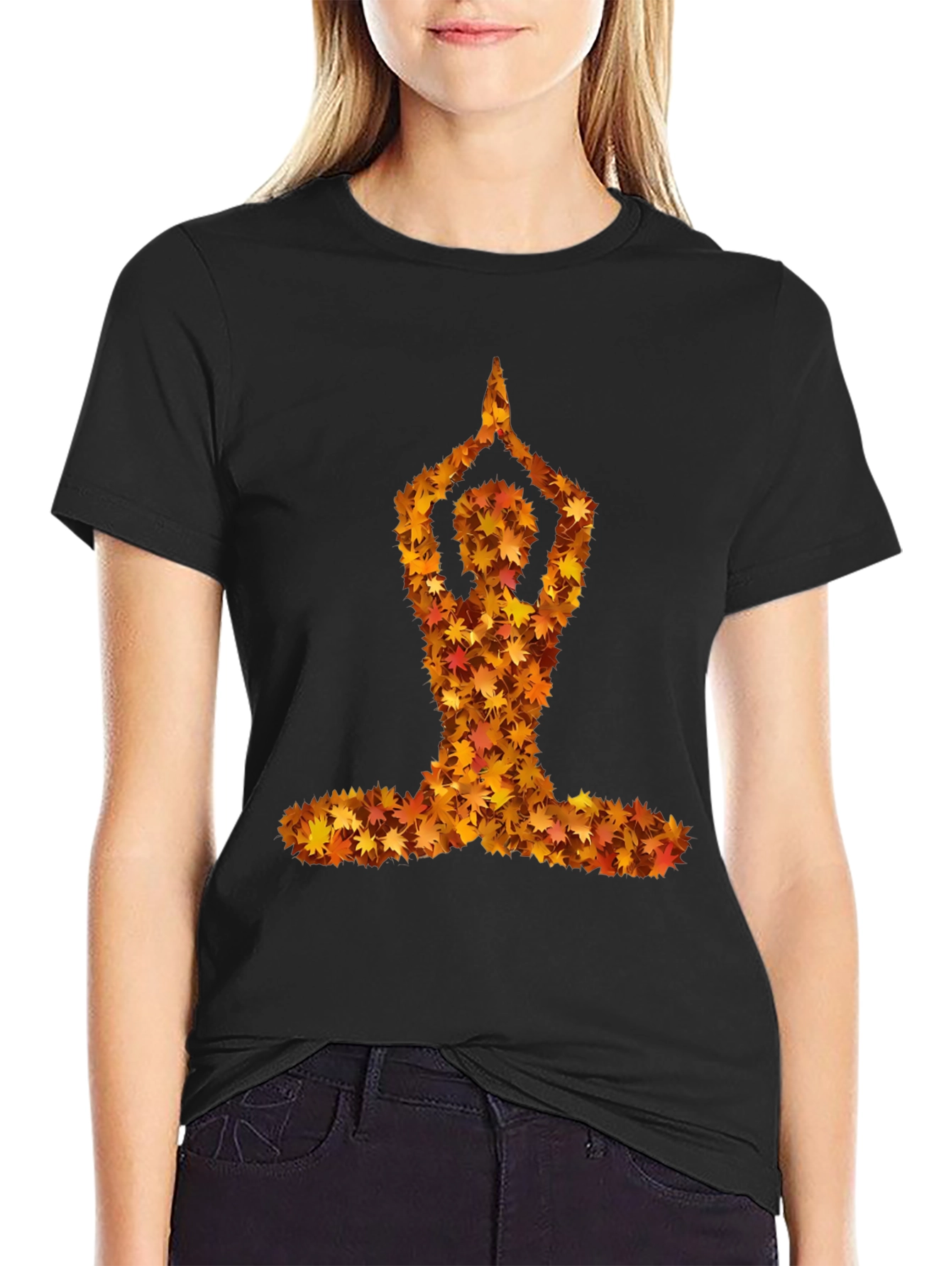 Autumn Leaves Yoga Pose Black T-Shirt
