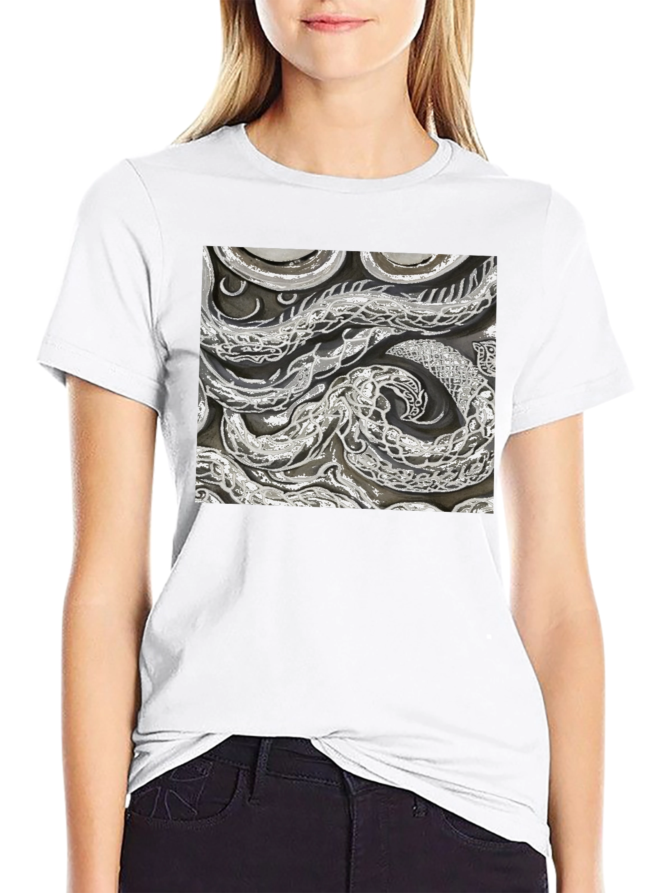 Abstract Snake Print Black T-Shirt