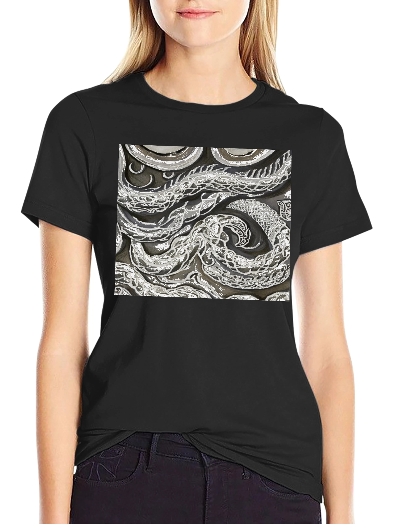 Abstract Snake Print Black T-Shirt