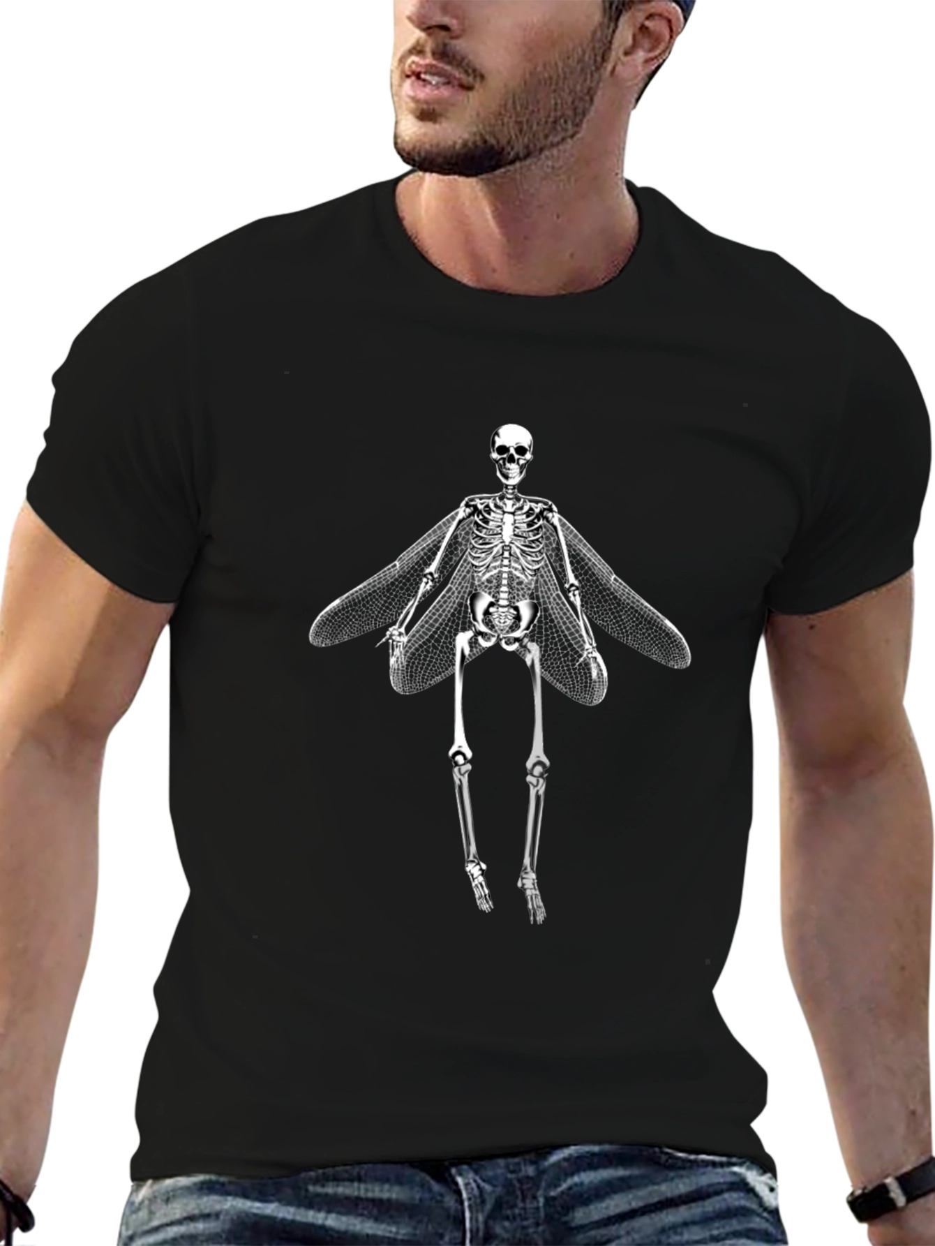 Skeleton with Wings Graphic Tee - Black Cotton T-Shirt