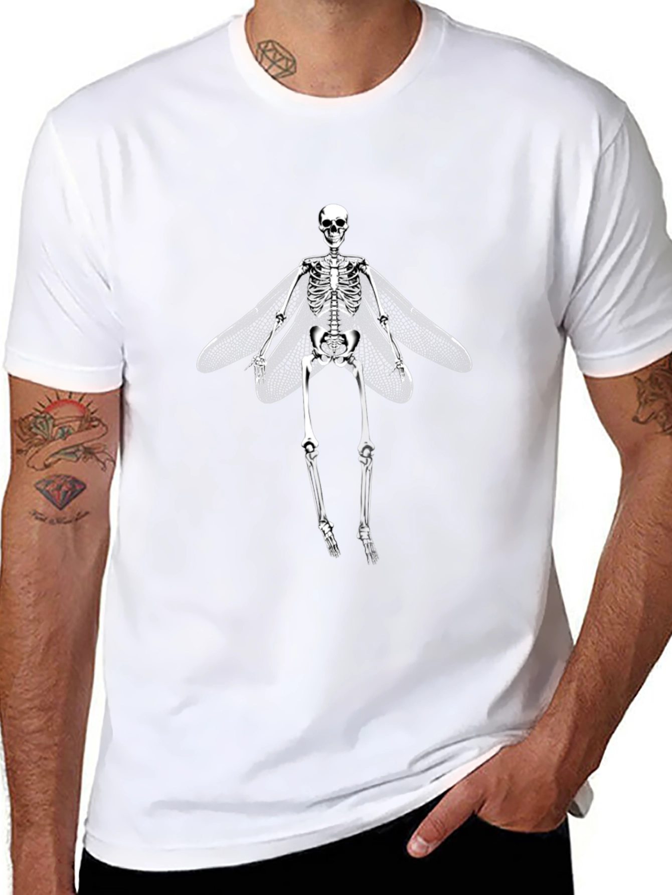 Skeleton with Wings Graphic Tee - Black Cotton T-Shirt