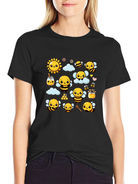 Cute Bee Cartoon Graphic Print Black T-Shirt
