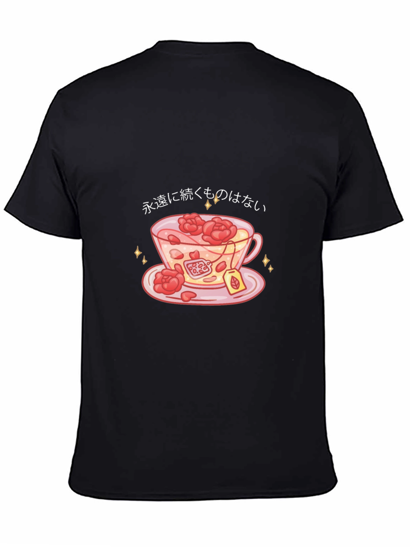 Black T-Shirt with Teacup and Floral Design