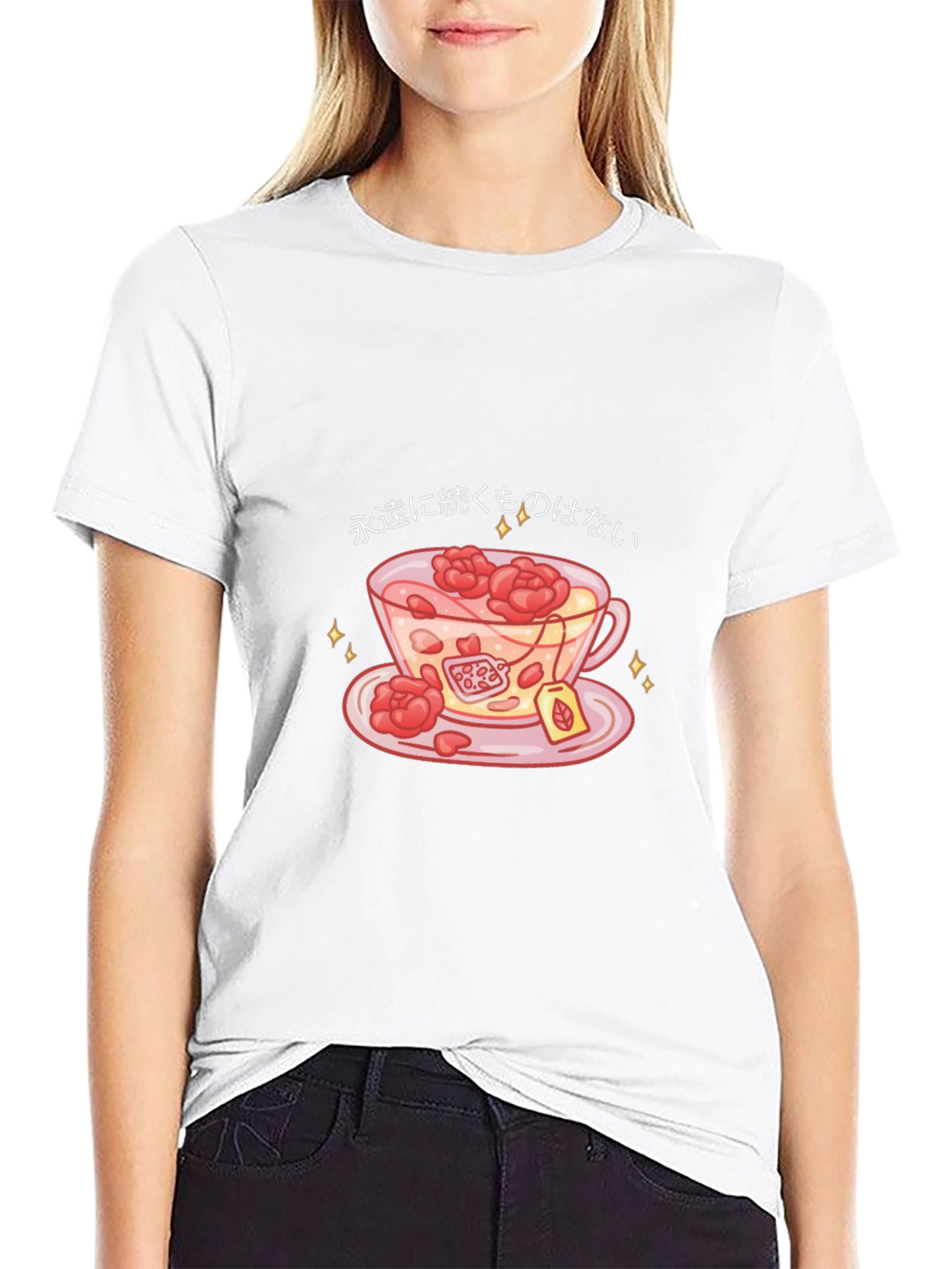 Black T-Shirt with Teacup and Floral Design