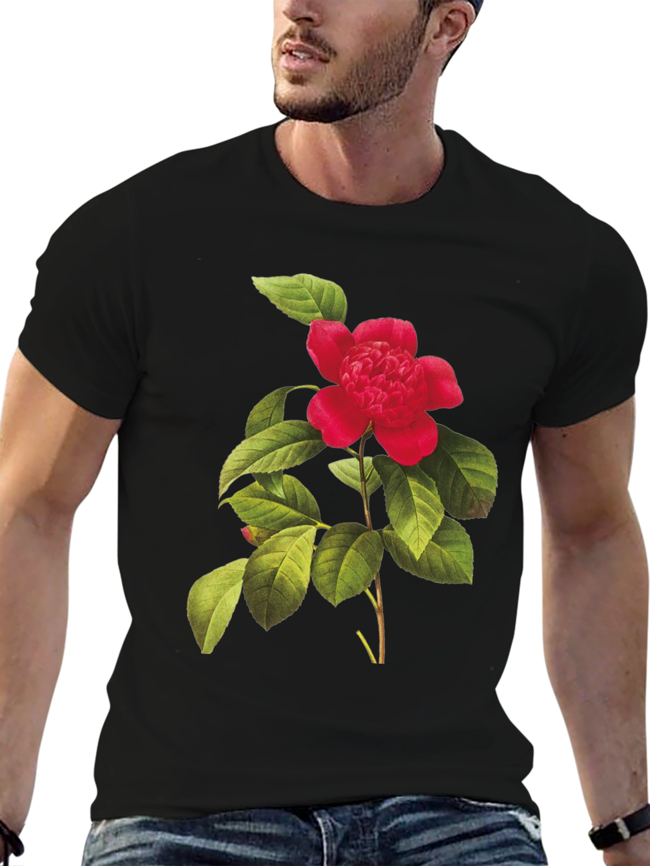 Botanical Camellia Flower Print Black Tee